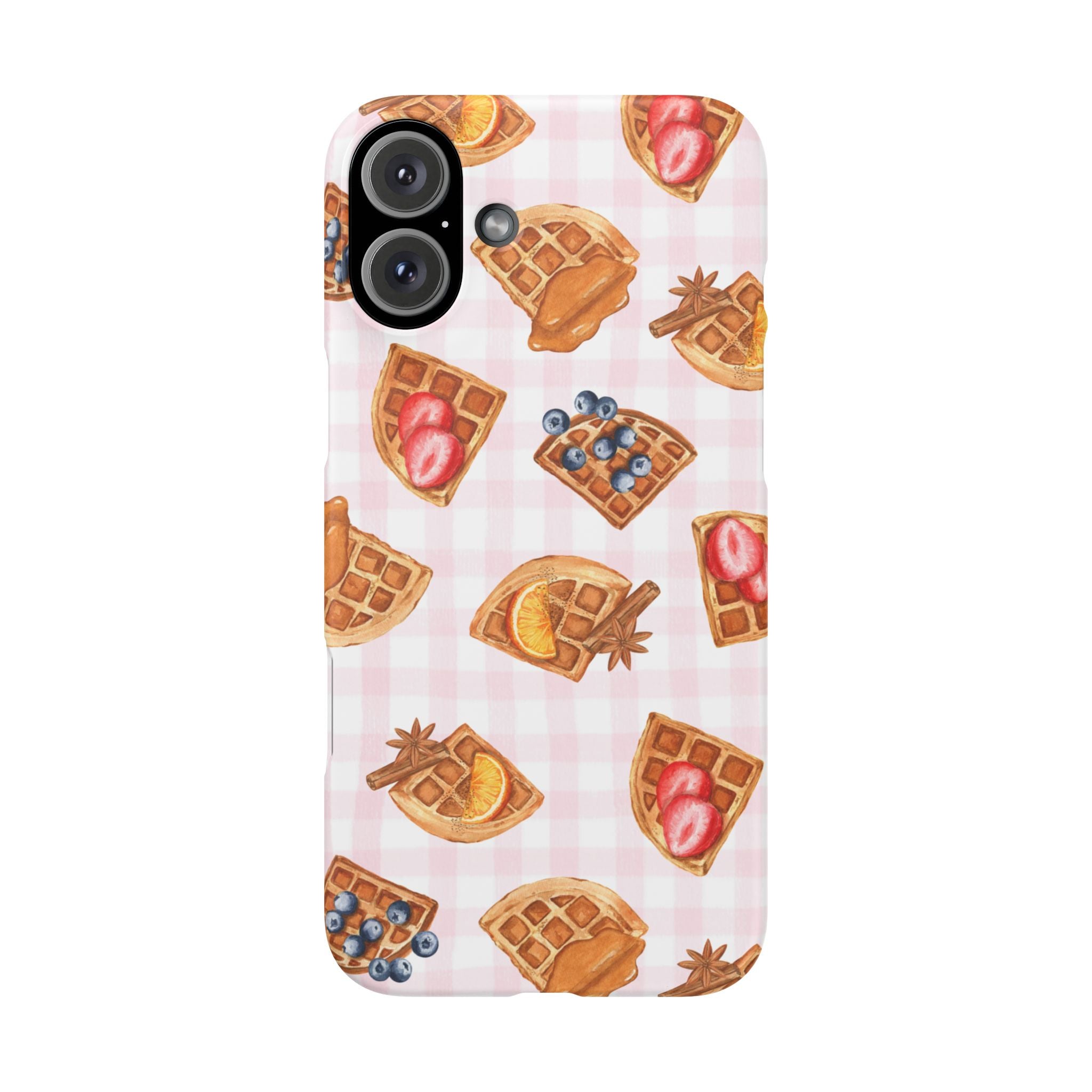 Waffle Picnic Phone Case — Cute Strawberry & Blueberry Waffles on Pink Gingham Snap Case