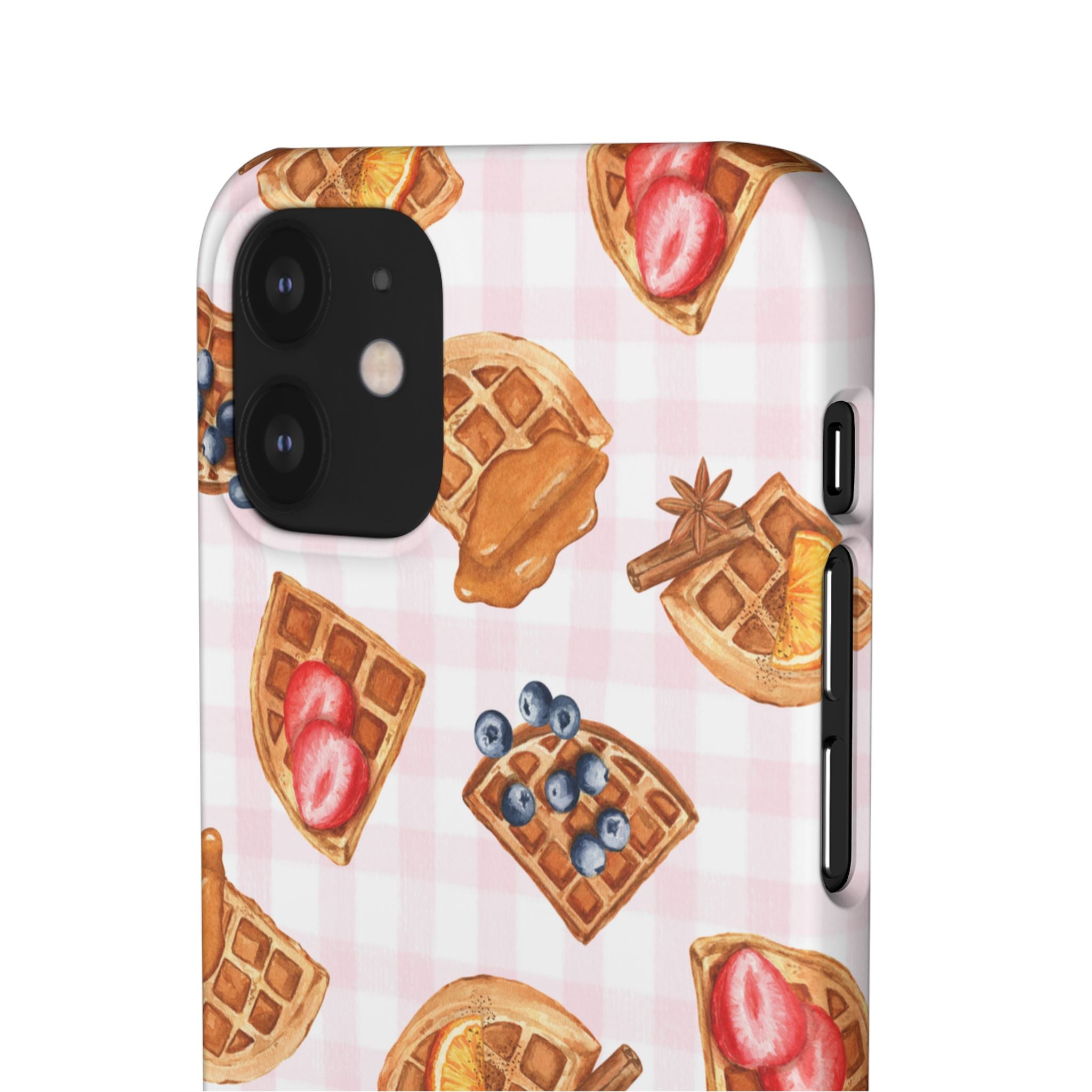 Waffle Picnic Phone Case — Cute Strawberry & Blueberry Waffles on Pink Gingham Snap Case