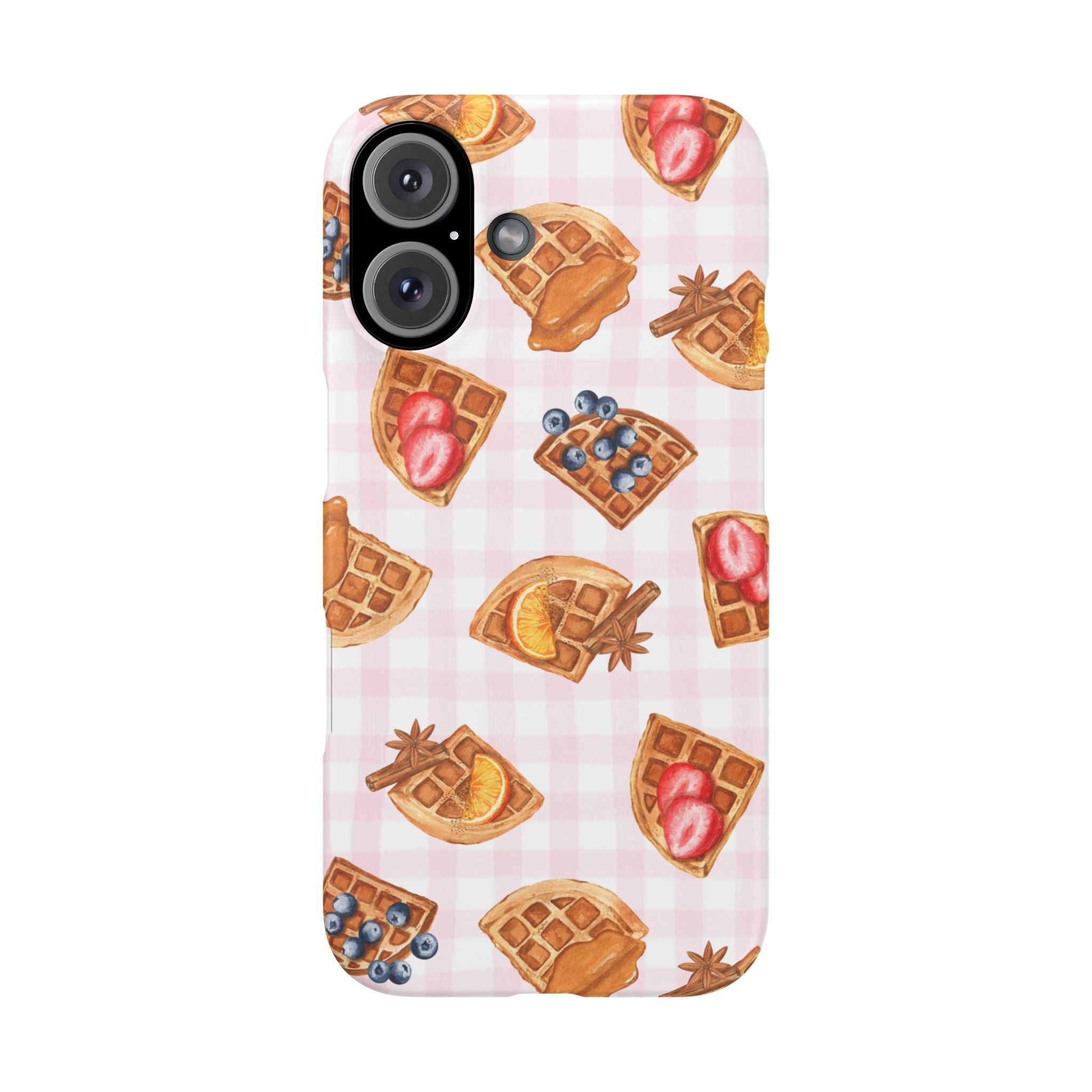 Waffle Picnic Phone Case — Cute Strawberry & Blueberry Waffles on Pink Gingham Snap Case