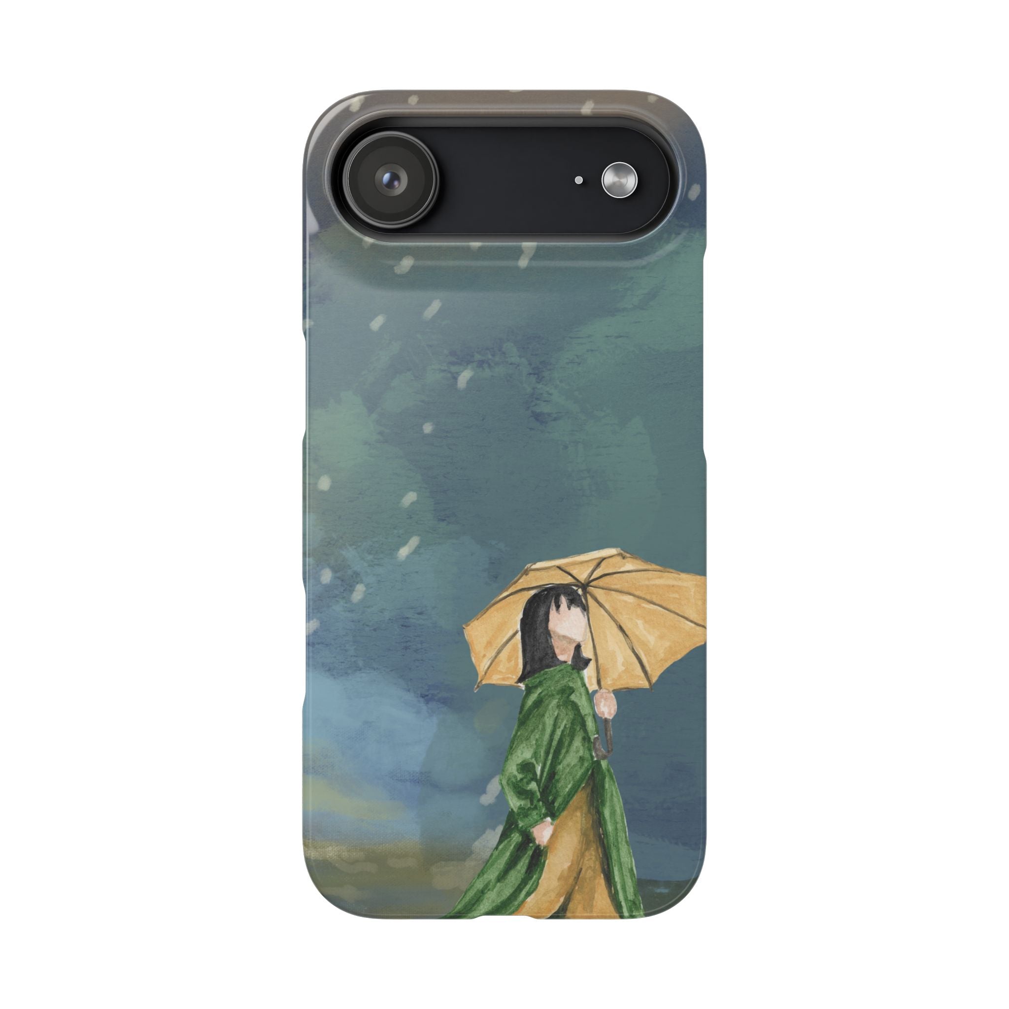 Artistic Rainfall Phone Case – Woman with Umbrella Design