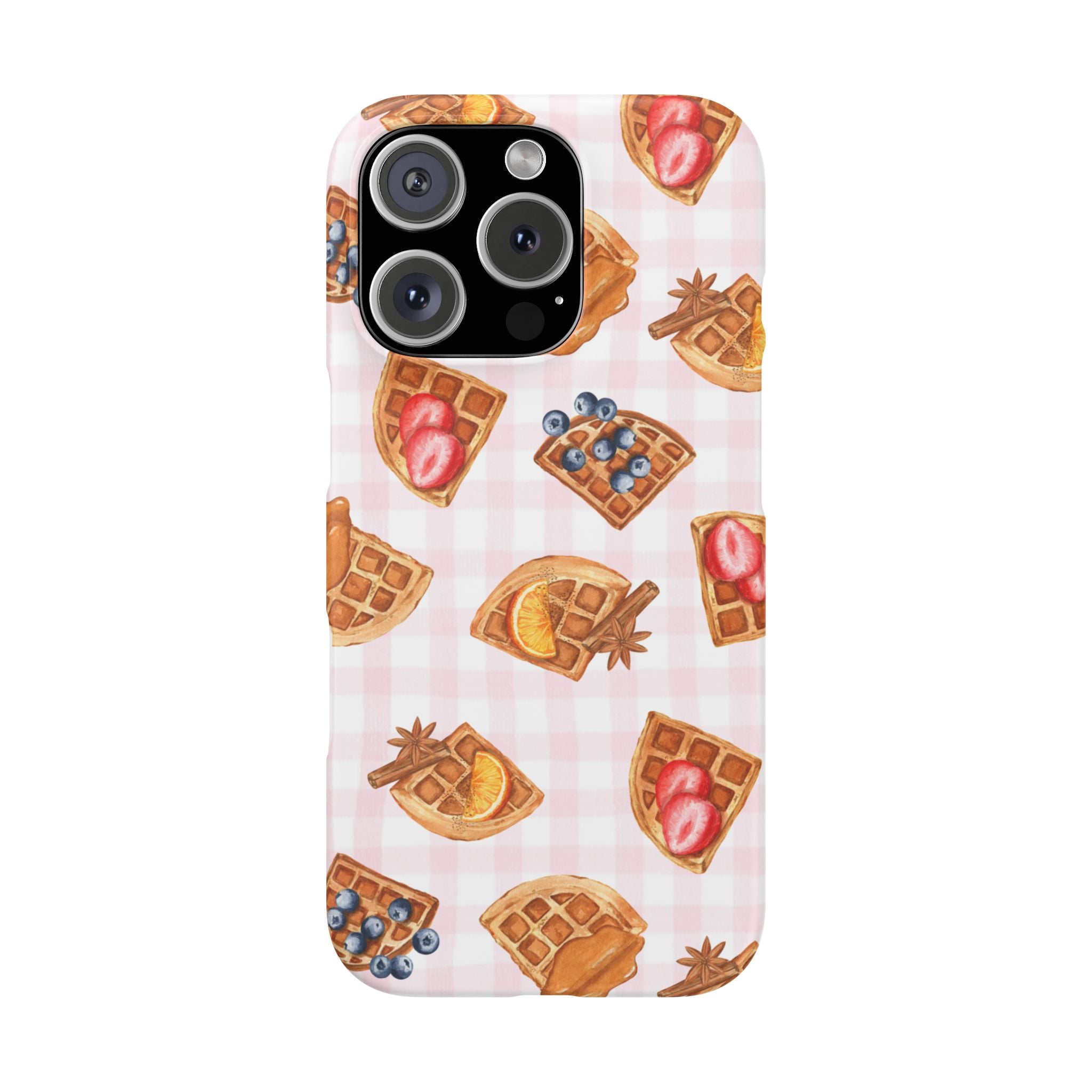 Waffle Picnic Phone Case — Cute Strawberry & Blueberry Waffles on Pink Gingham Snap Case