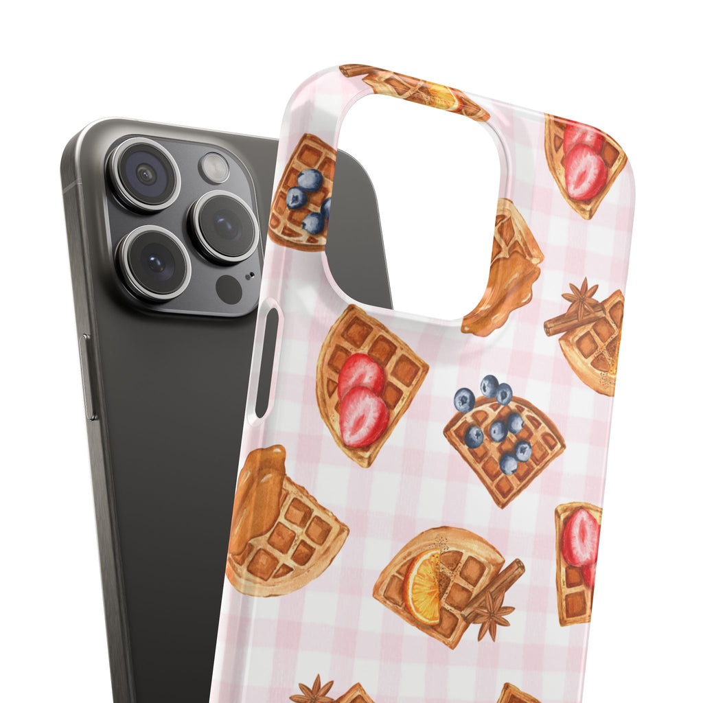 Waffle Picnic Phone Case — Cute Strawberry & Blueberry Waffles on Pink Gingham Snap Case