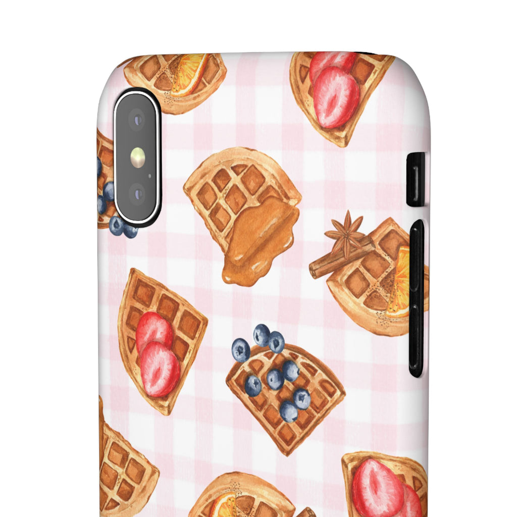 Waffle Picnic Phone Case — Cute Strawberry & Blueberry Waffles on Pink Gingham Snap Case