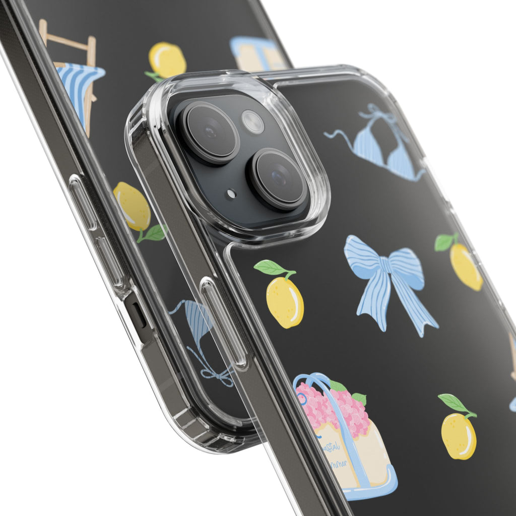 Clear Phone Case — Summer Lemon & Bow Pattern (bikini, beach chair, cake)