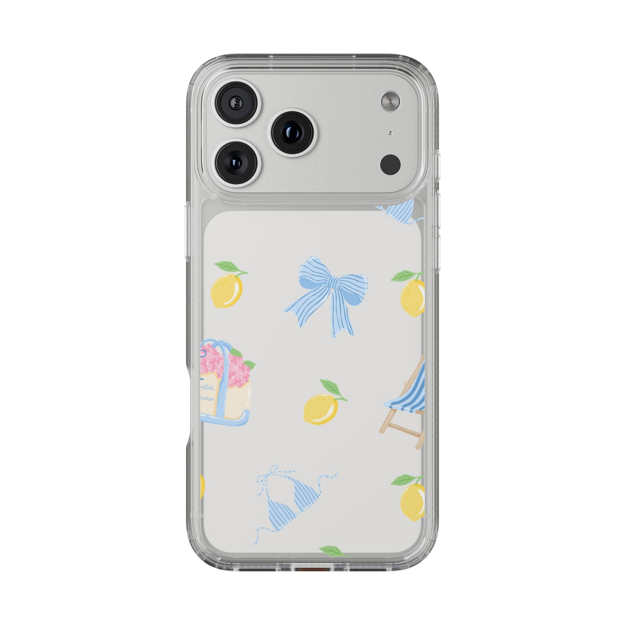 Clear Phone Case — Summer Lemon & Bow Pattern (bikini, beach chair, cake)