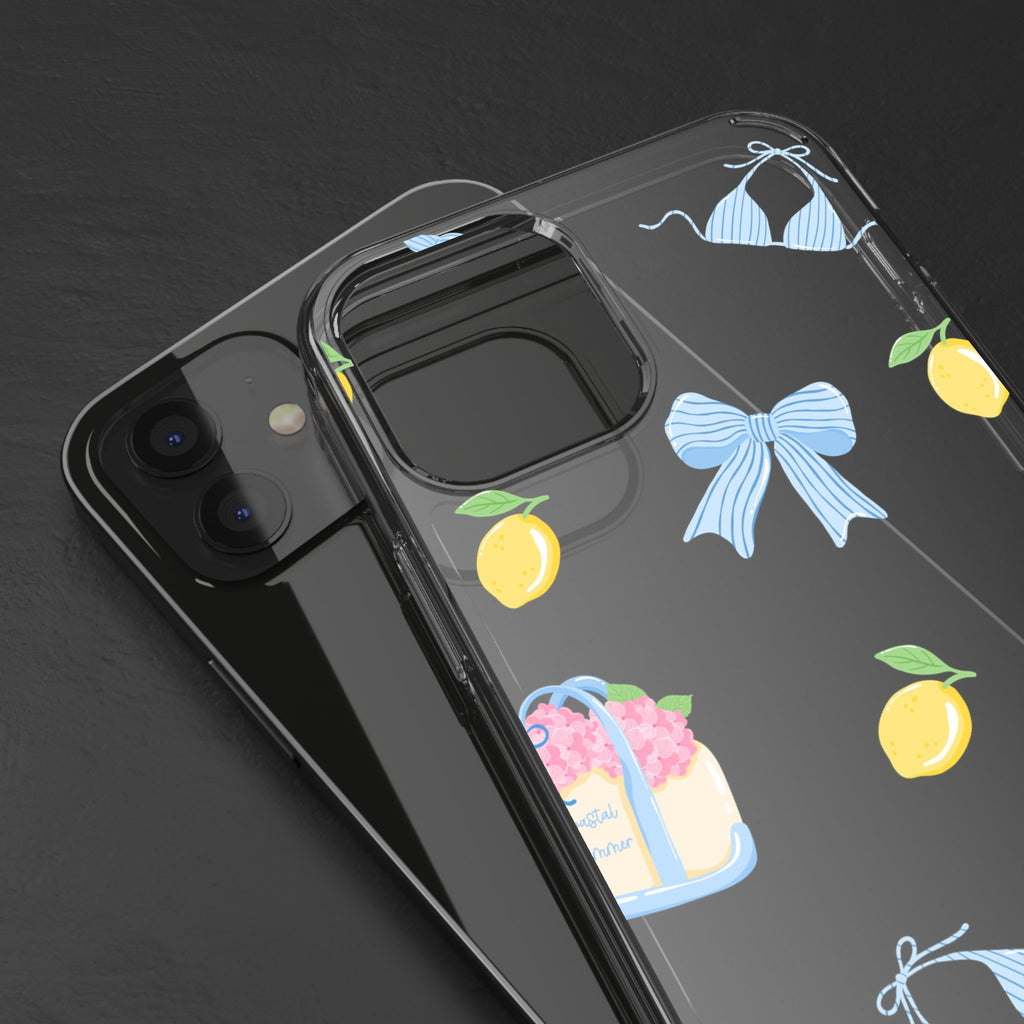 Clear Phone Case — Summer Lemon & Bow Pattern (bikini, beach chair, cake)
