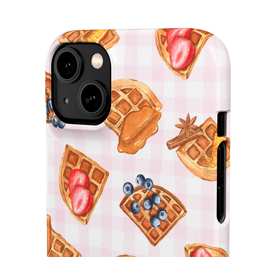 Waffle Picnic Phone Case — Cute Strawberry & Blueberry Waffles on Pink Gingham Snap Case