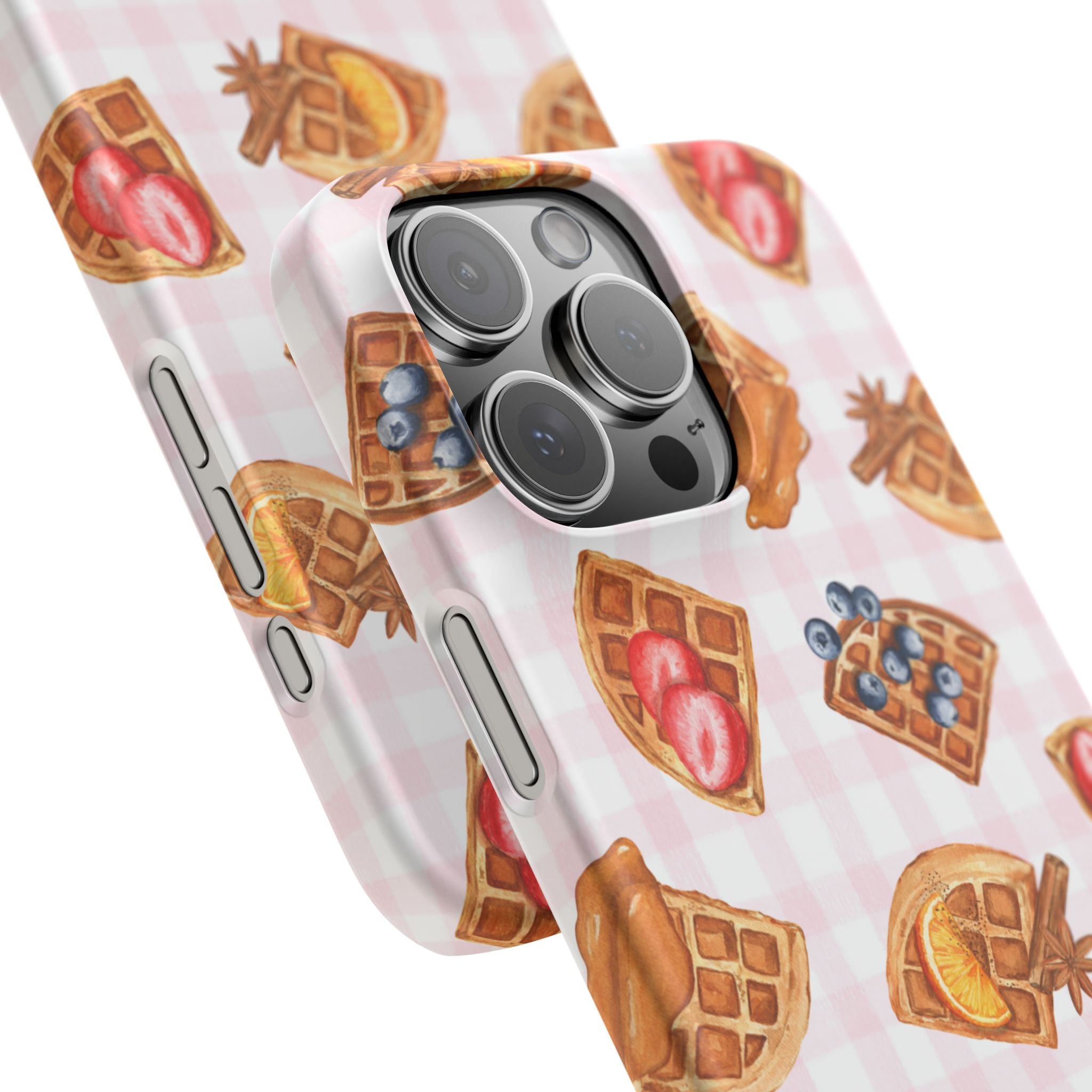 Waffle Picnic Phone Case — Cute Strawberry & Blueberry Waffles on Pink Gingham Snap Case