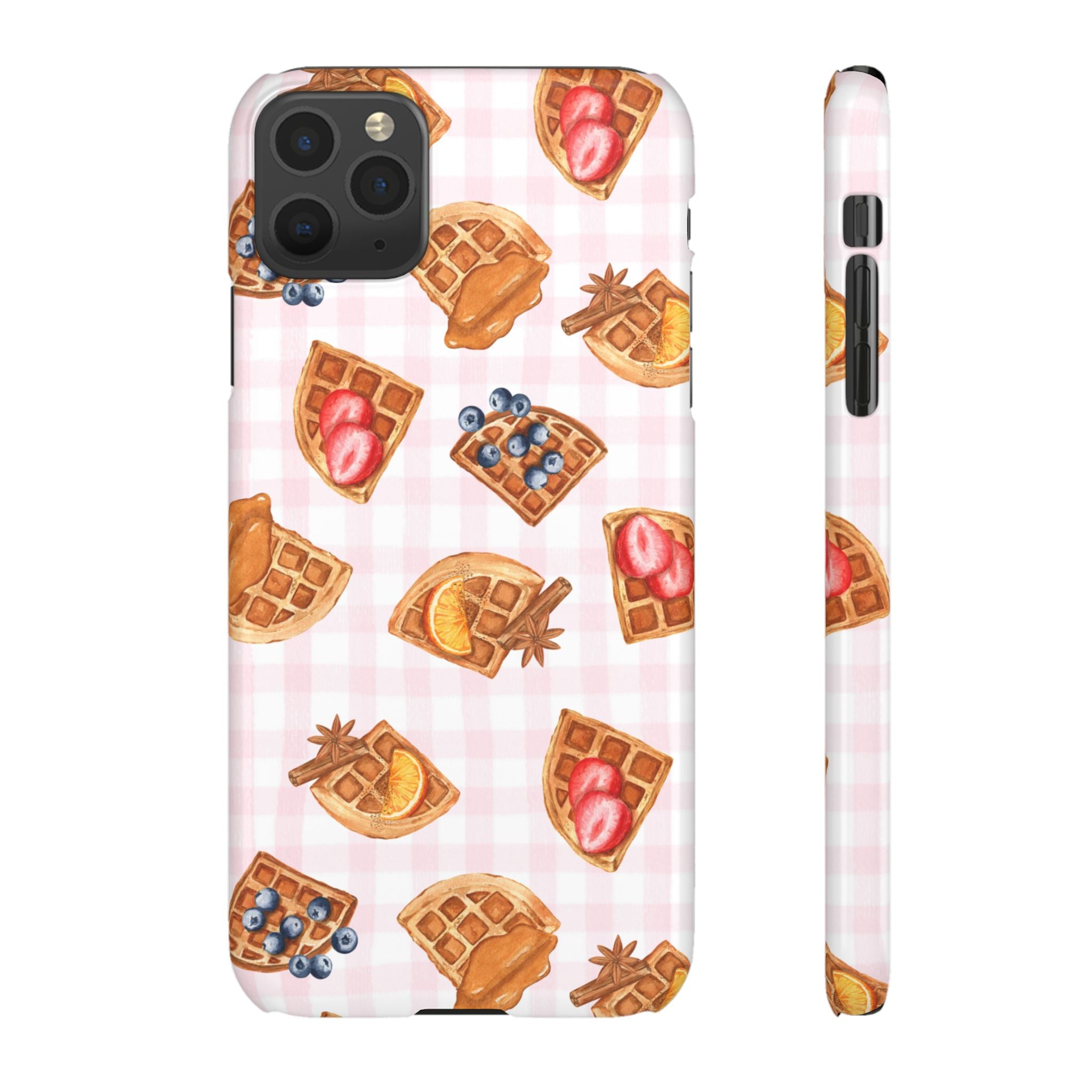 Waffle Picnic Phone Case — Cute Strawberry & Blueberry Waffles on Pink Gingham Snap Case