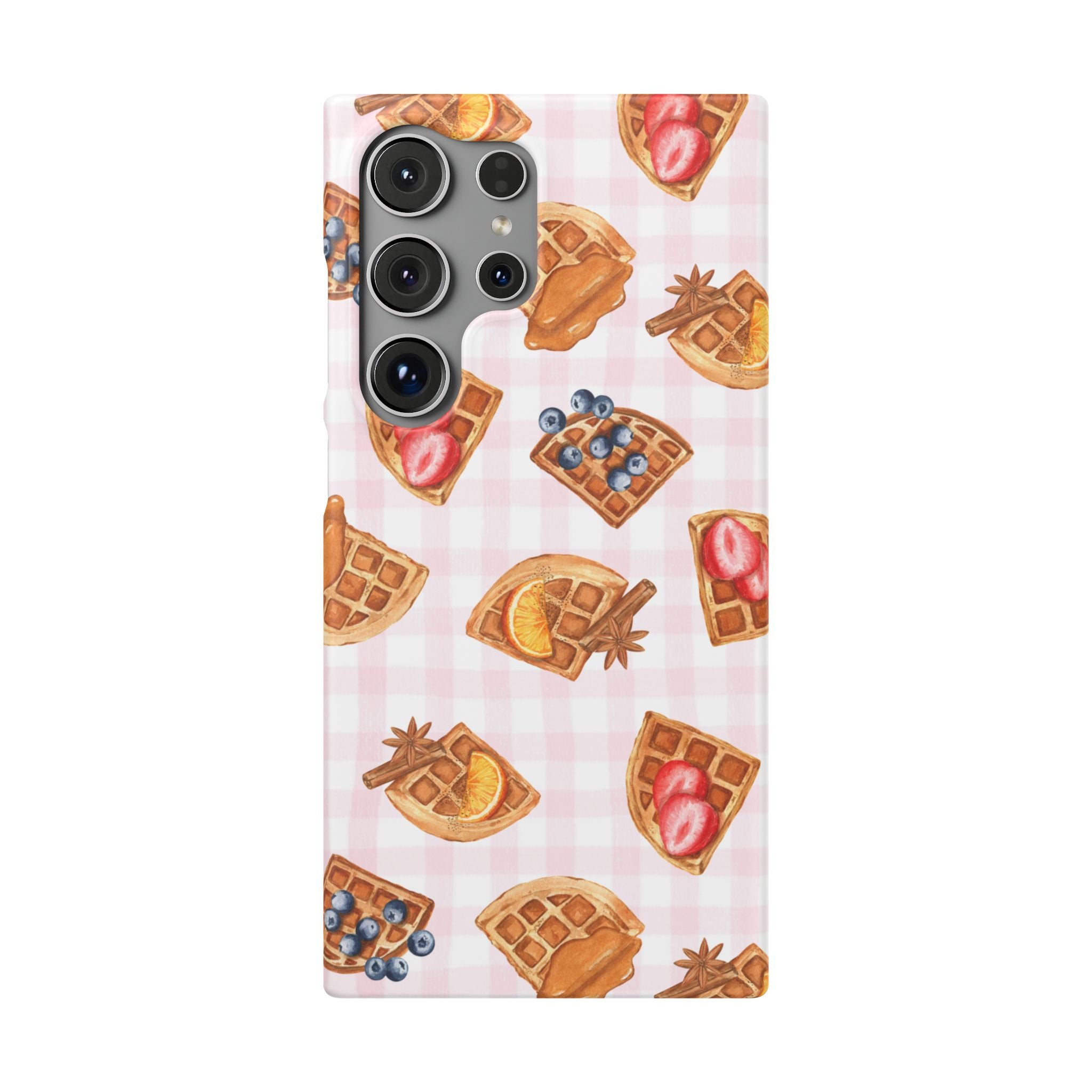 Waffle Picnic Phone Case — Cute Strawberry & Blueberry Waffles on Pink Gingham Snap Case