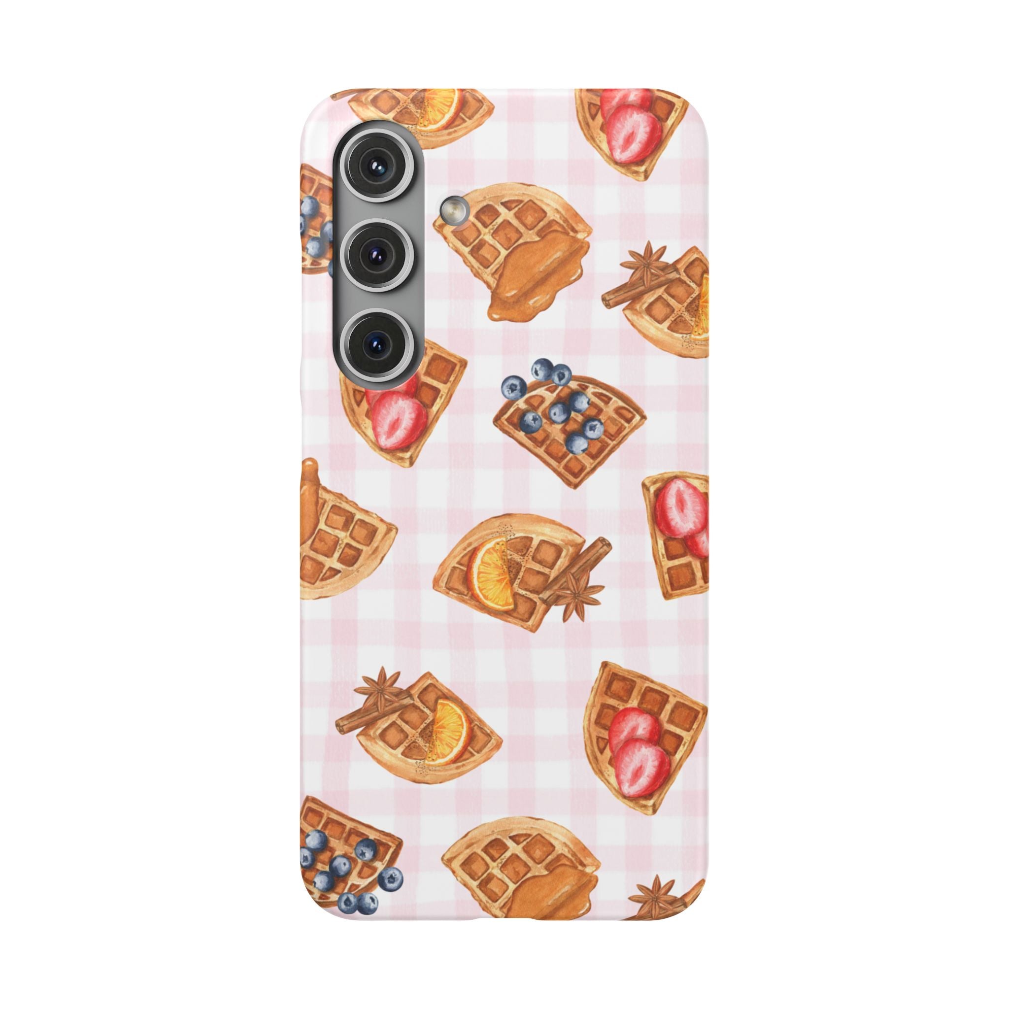 Waffle Picnic Phone Case — Cute Strawberry & Blueberry Waffles on Pink Gingham Snap Case