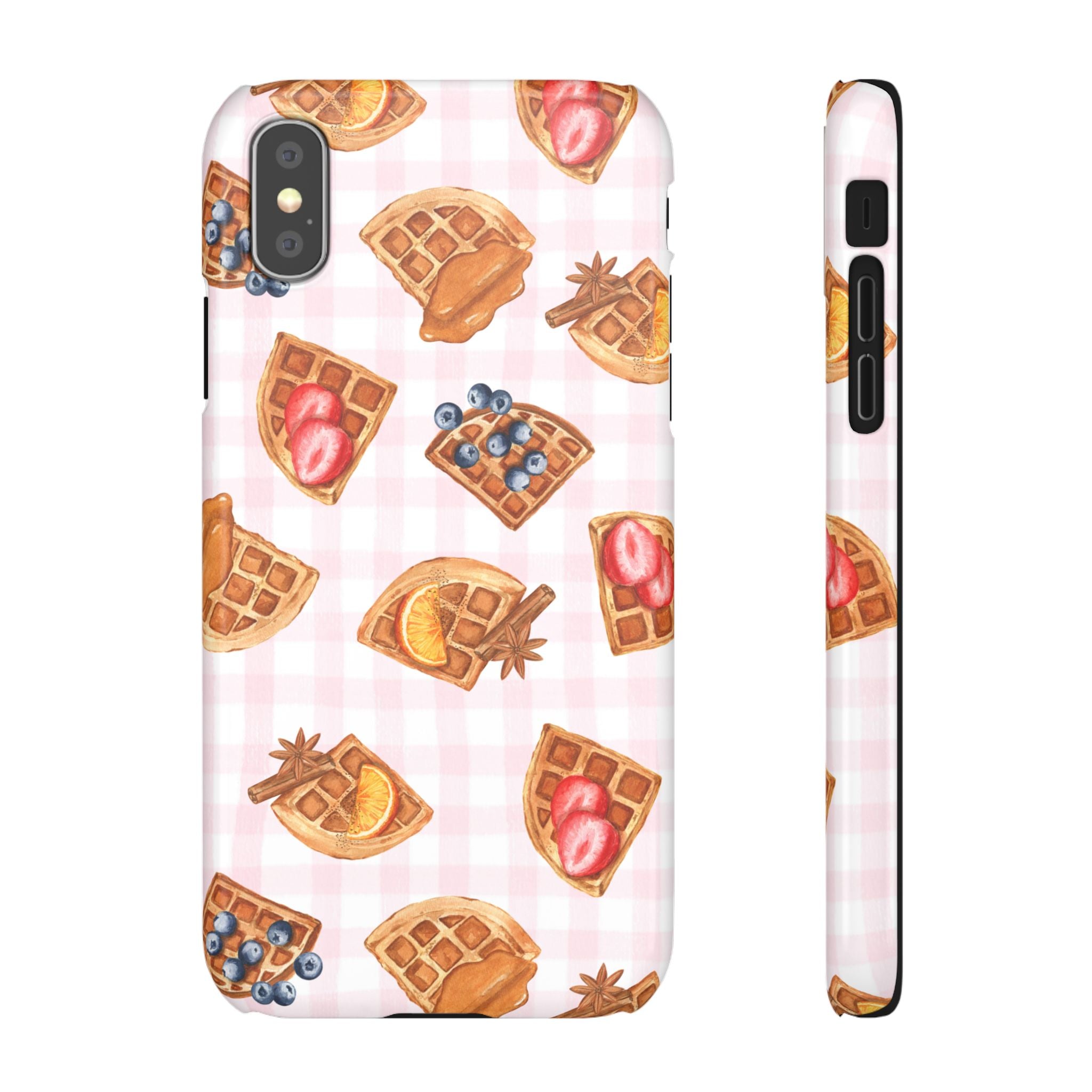 Waffle Picnic Phone Case — Cute Strawberry & Blueberry Waffles on Pink Gingham Snap Case