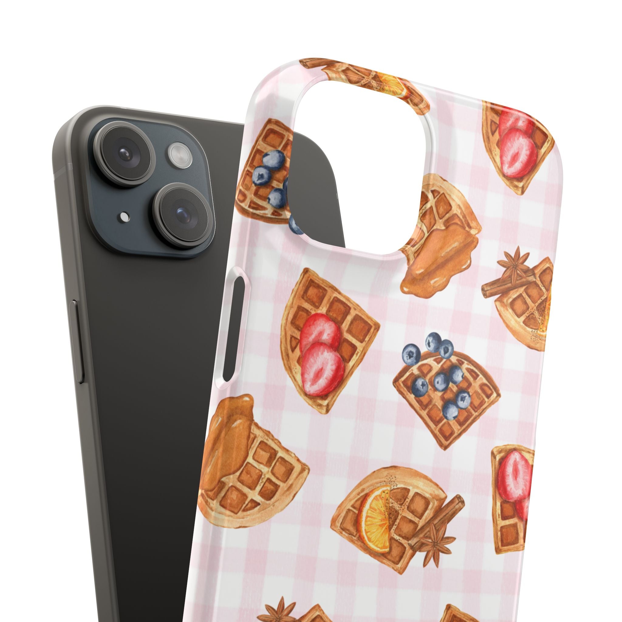 Waffle Picnic Phone Case — Cute Strawberry & Blueberry Waffles on Pink Gingham Snap Case