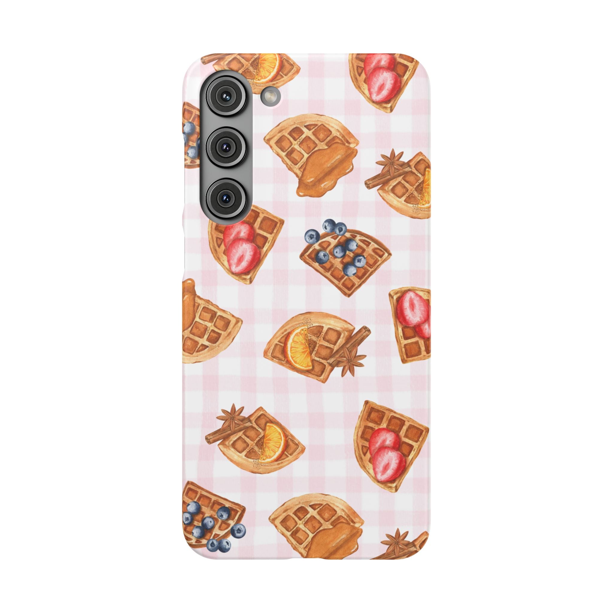 Waffle Picnic Phone Case — Cute Strawberry & Blueberry Waffles on Pink Gingham Snap Case