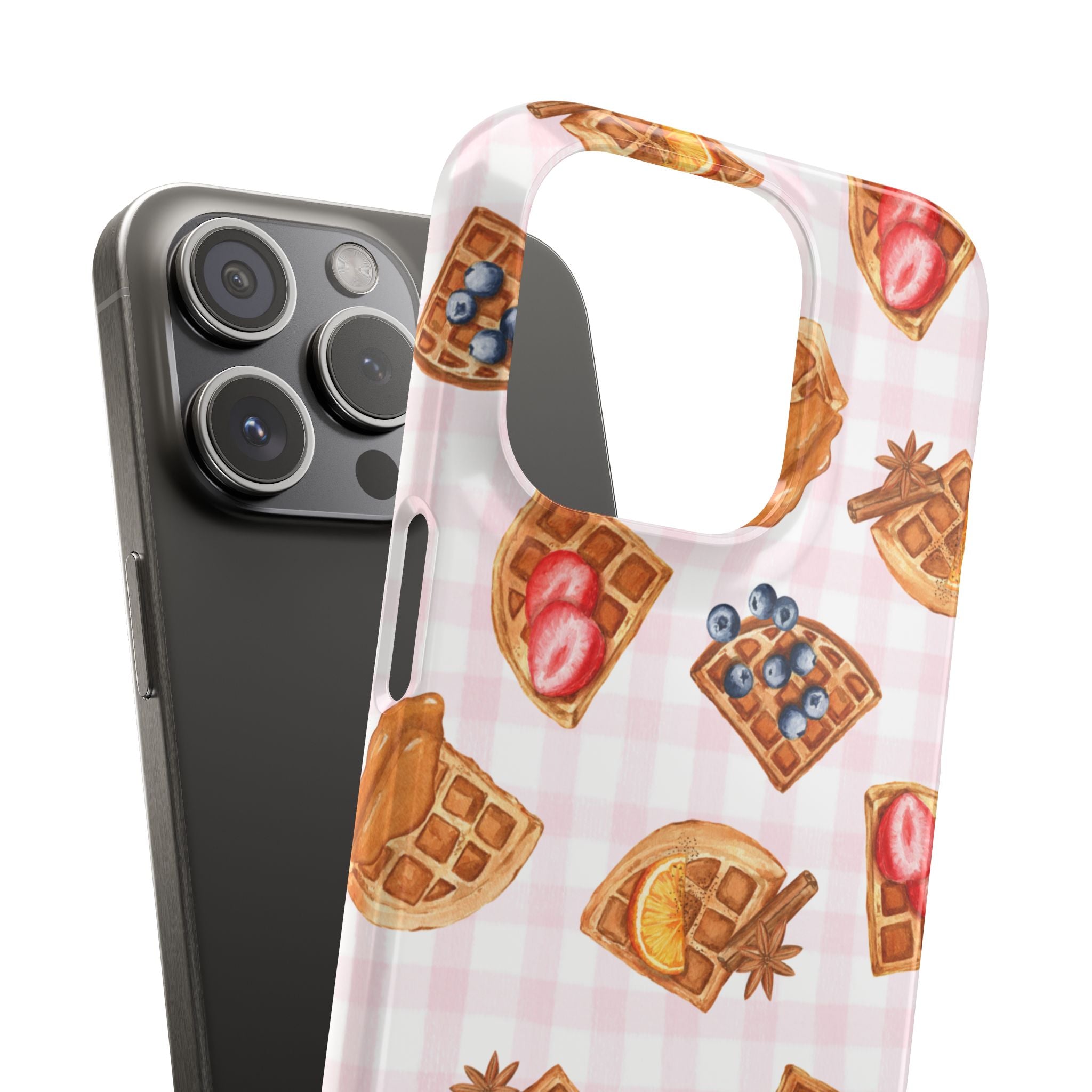 Waffle Picnic Phone Case — Cute Strawberry & Blueberry Waffles on Pink Gingham Snap Case