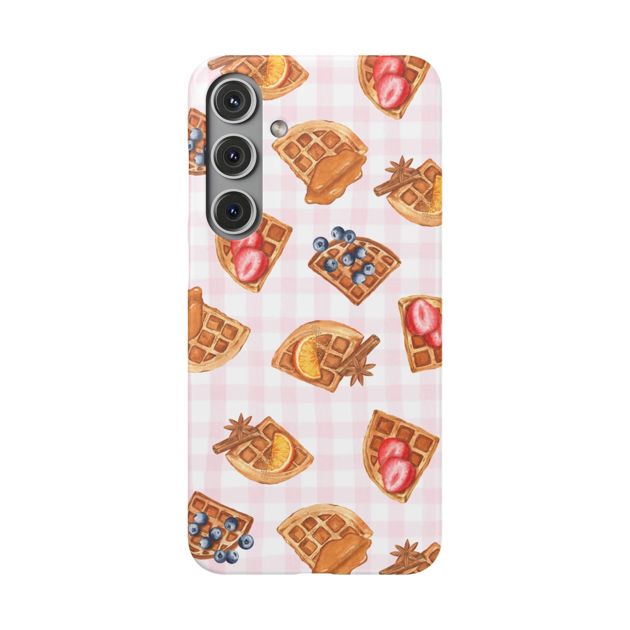Waffle Picnic Phone Case — Cute Strawberry & Blueberry Waffles on Pink Gingham Snap Case