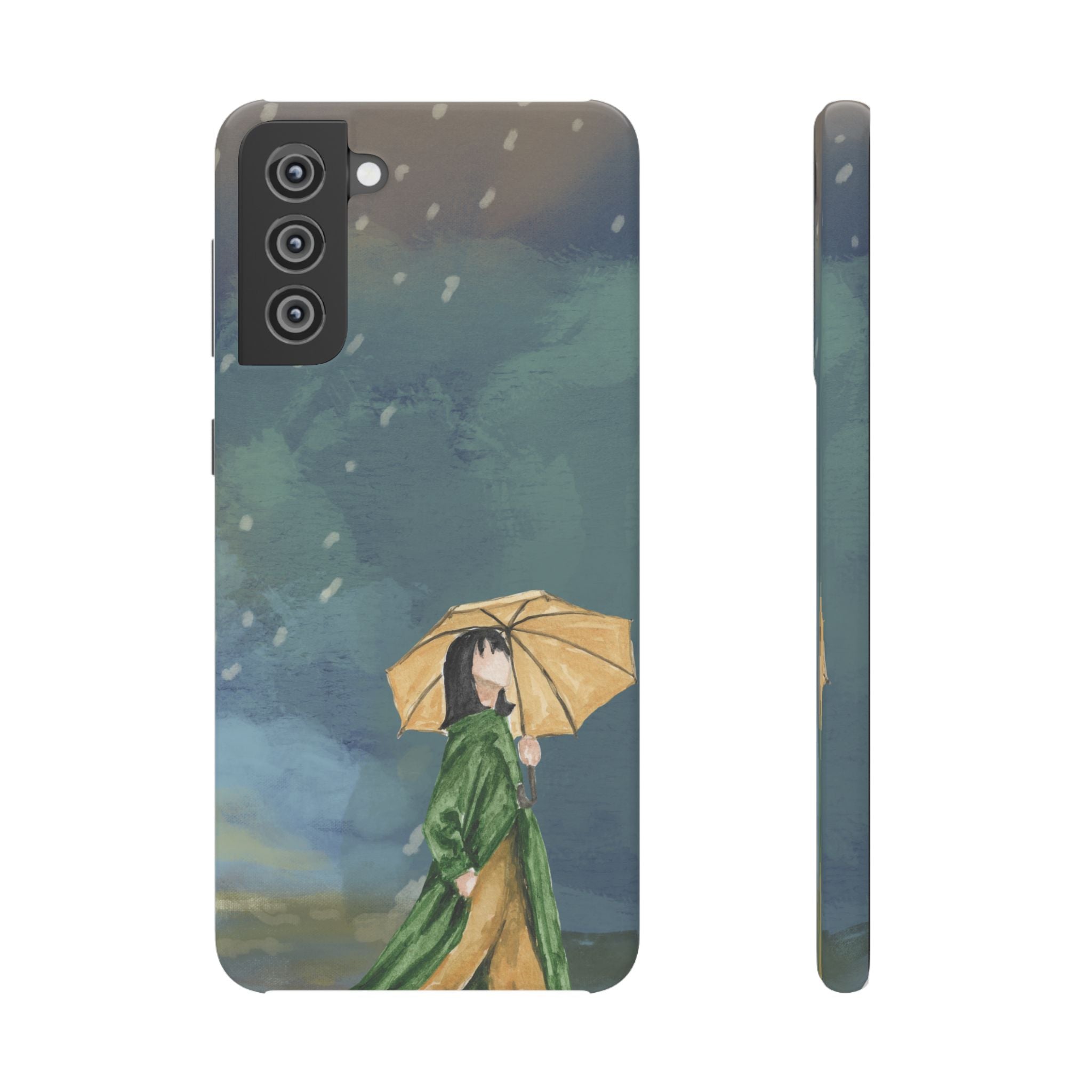 Artistic Rainfall Phone Case – Woman with Umbrella Design