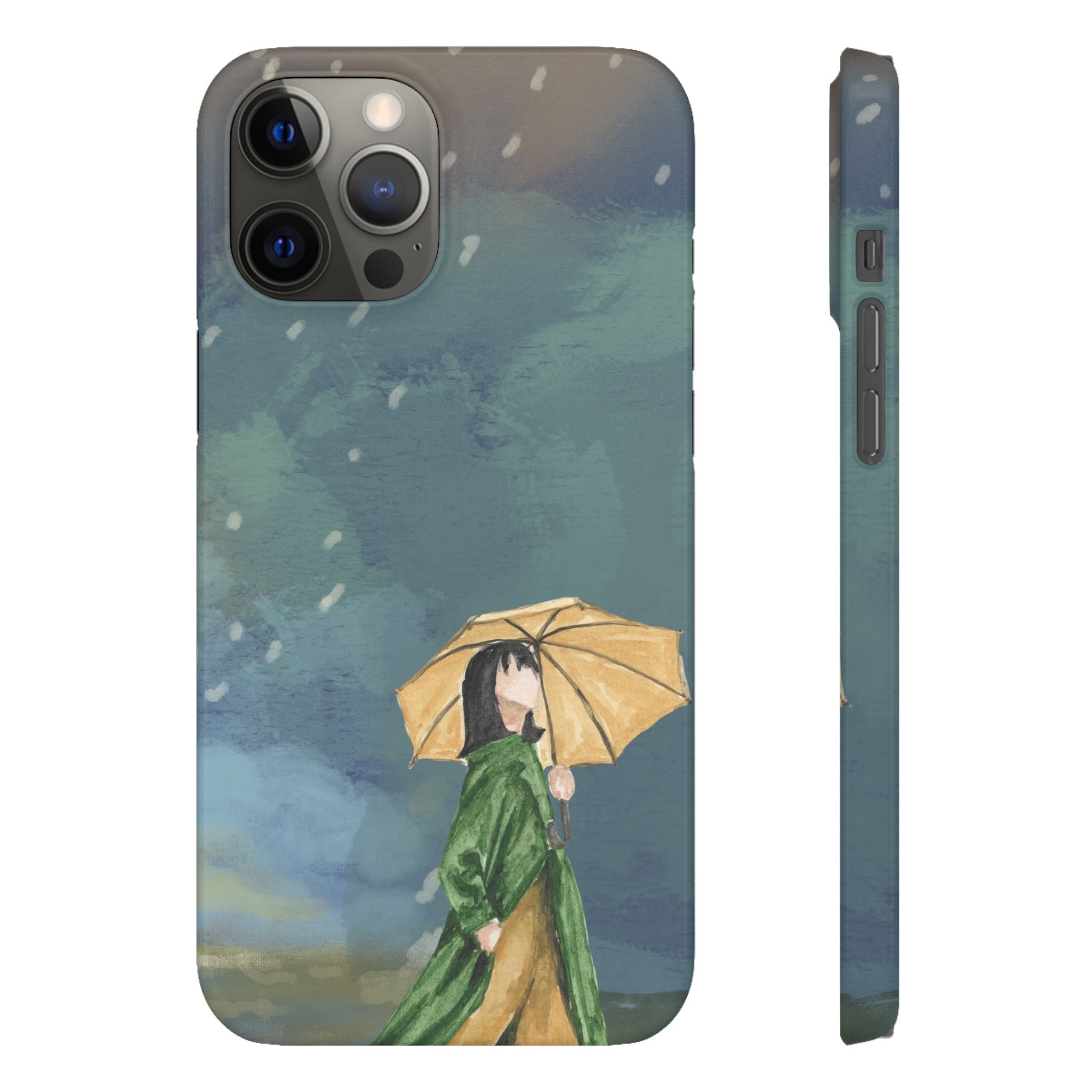 Artistic Rainfall Phone Case – Woman with Umbrella Design