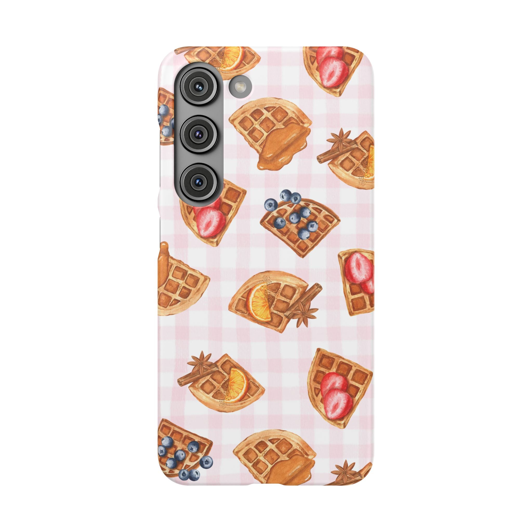 Waffle Picnic Phone Case — Cute Strawberry & Blueberry Waffles on Pink Gingham Snap Case