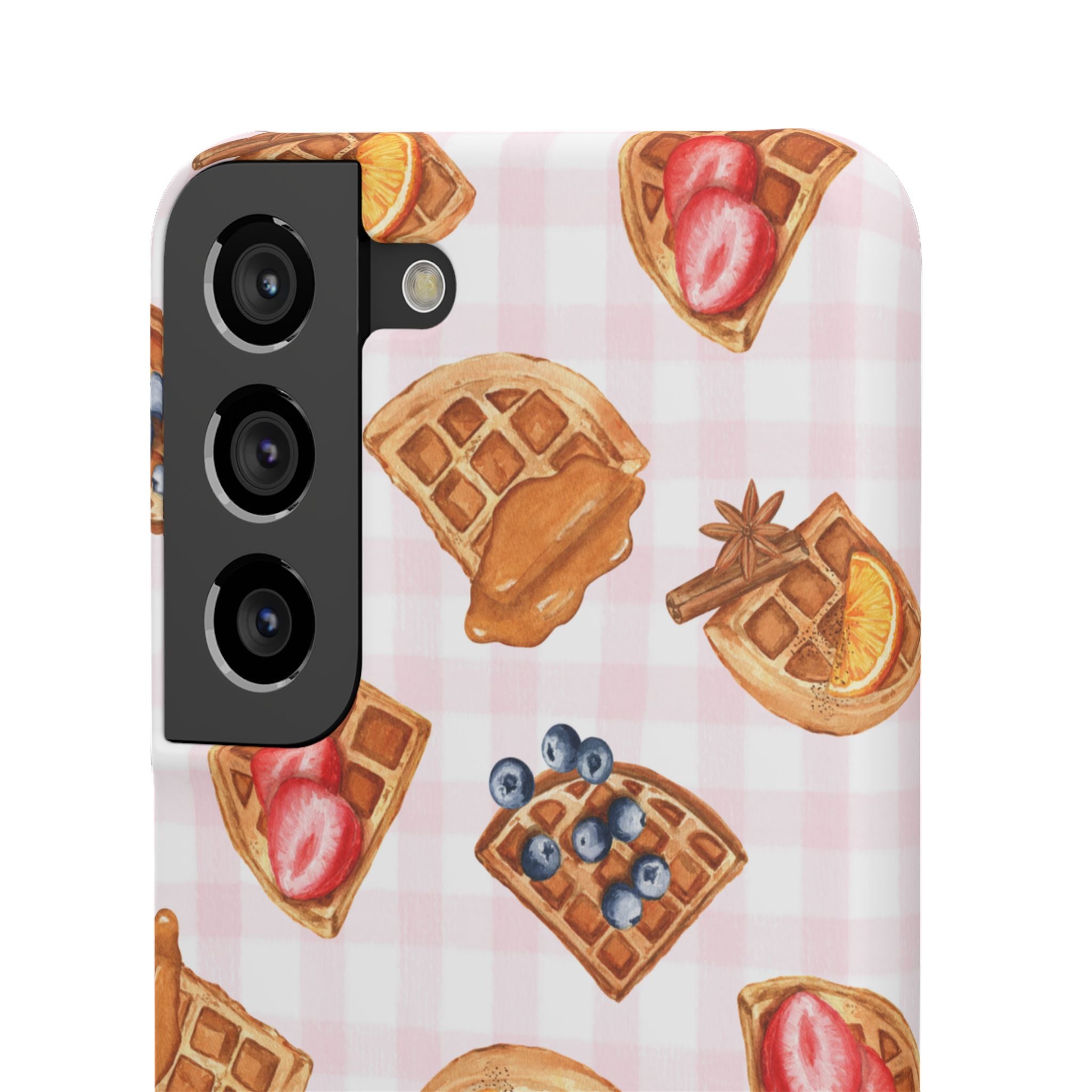 Waffle Picnic Phone Case — Cute Strawberry & Blueberry Waffles on Pink Gingham Snap Case