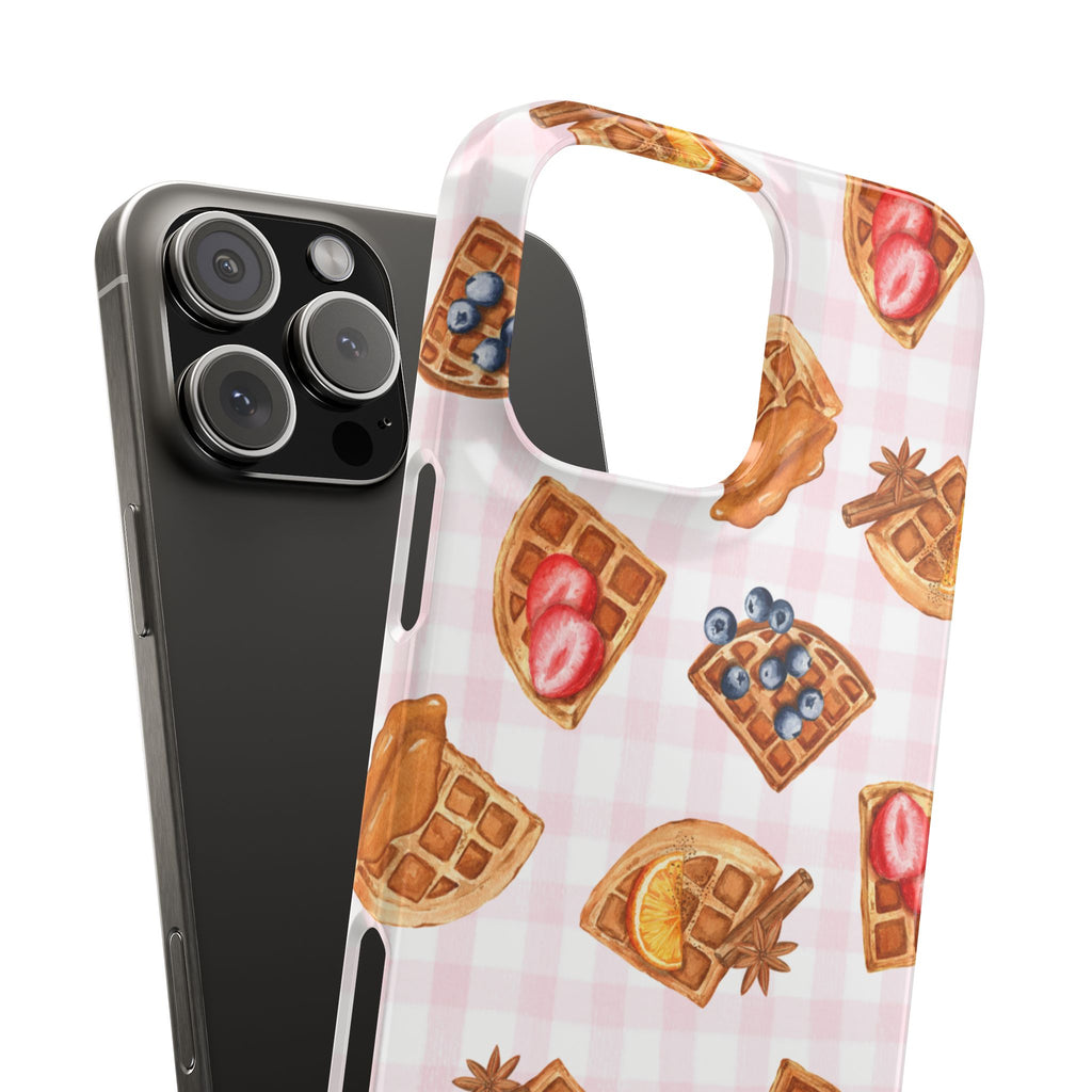 Waffle Picnic Phone Case — Cute Strawberry & Blueberry Waffles on Pink Gingham Snap Case