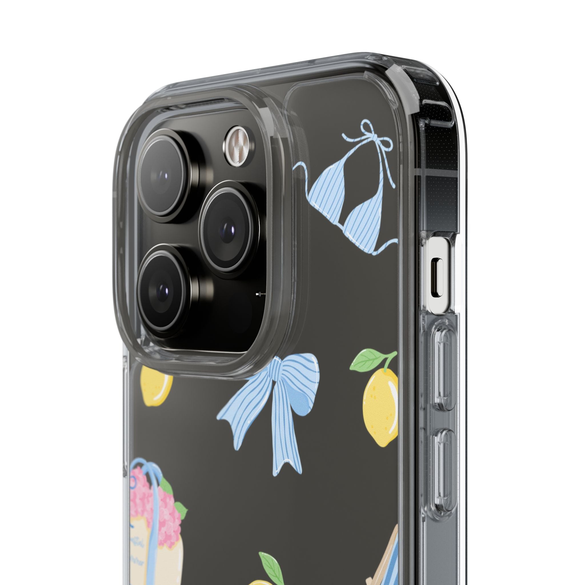 Clear Phone Case — Summer Lemon & Bow Pattern (bikini, beach chair, cake)