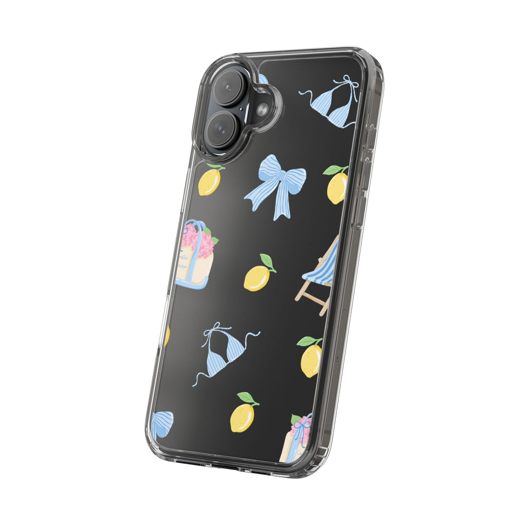 Clear Phone Case — Summer Lemon & Bow Pattern (bikini, beach chair, cake)
