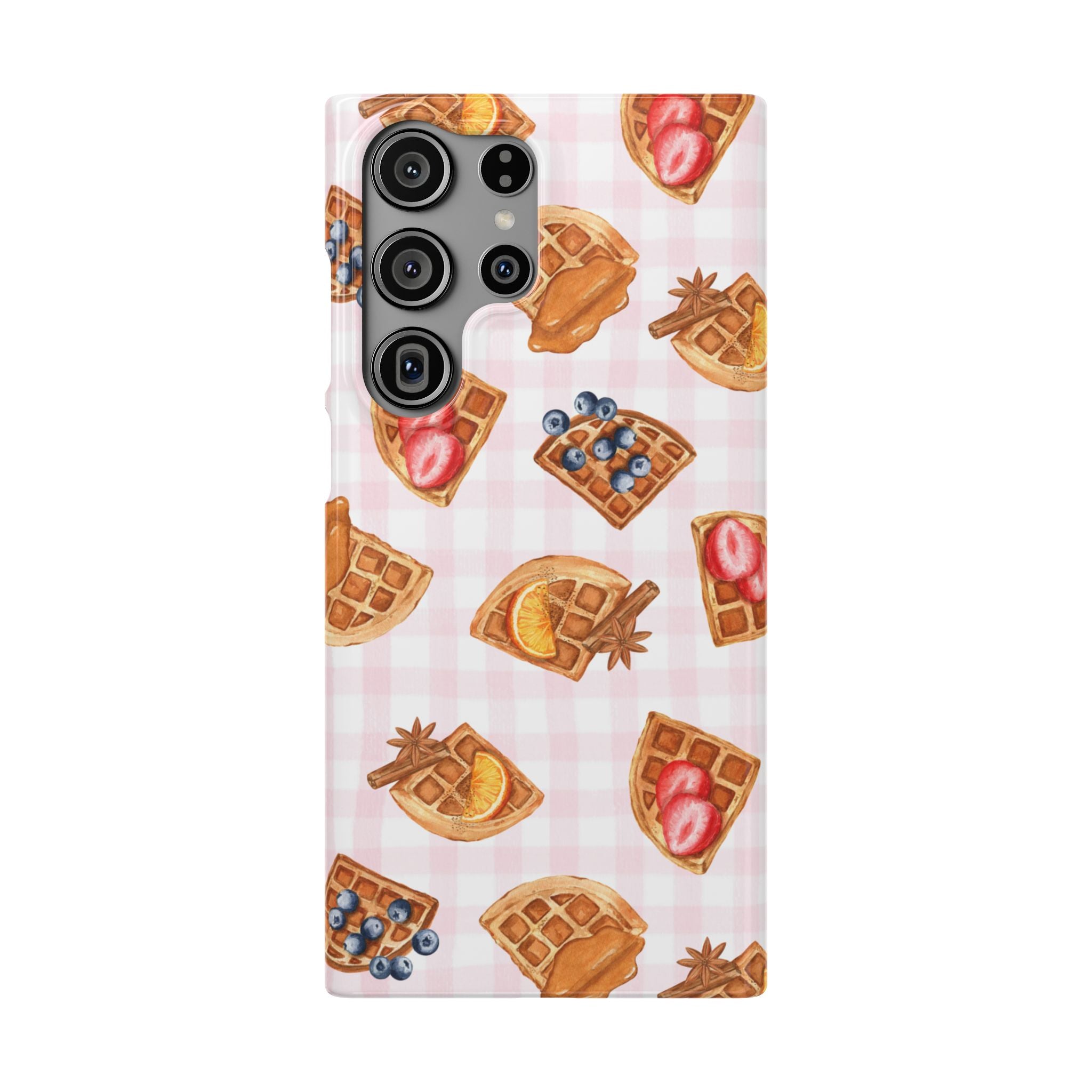 Waffle Picnic Phone Case — Cute Strawberry & Blueberry Waffles on Pink Gingham Snap Case