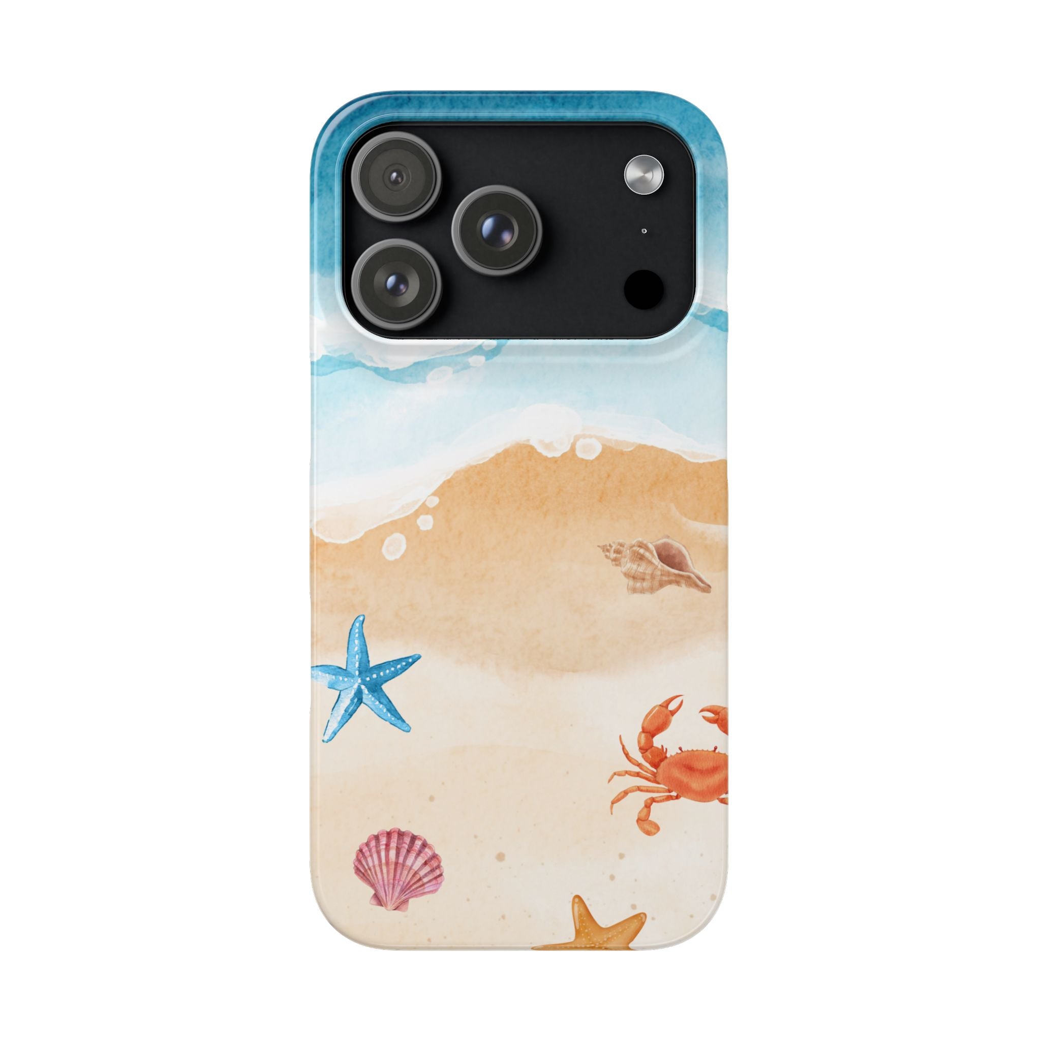 Beach Scene Phone Case — Watercolor Sand, Seashells & Crabs