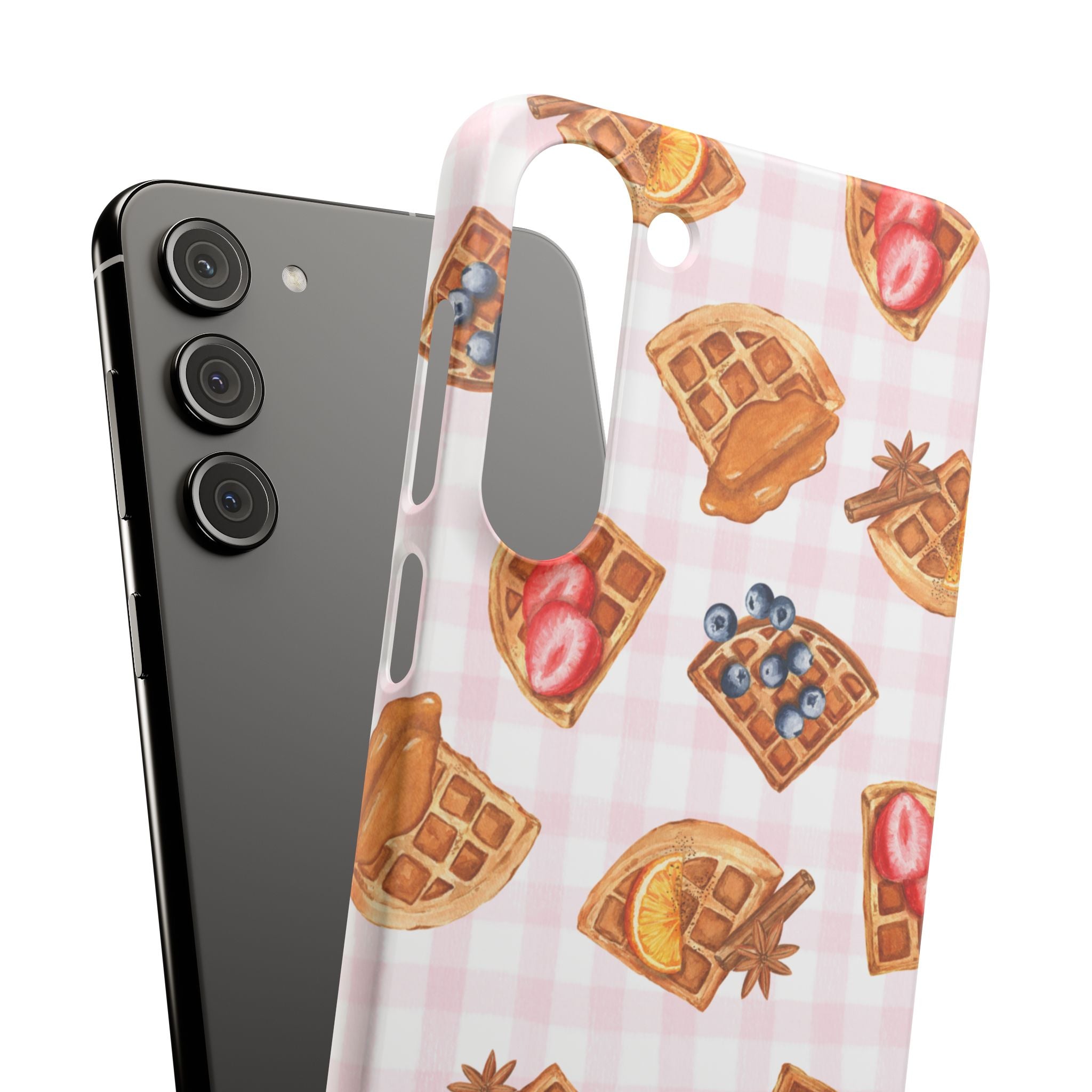 Waffle Picnic Phone Case — Cute Strawberry & Blueberry Waffles on Pink Gingham Snap Case