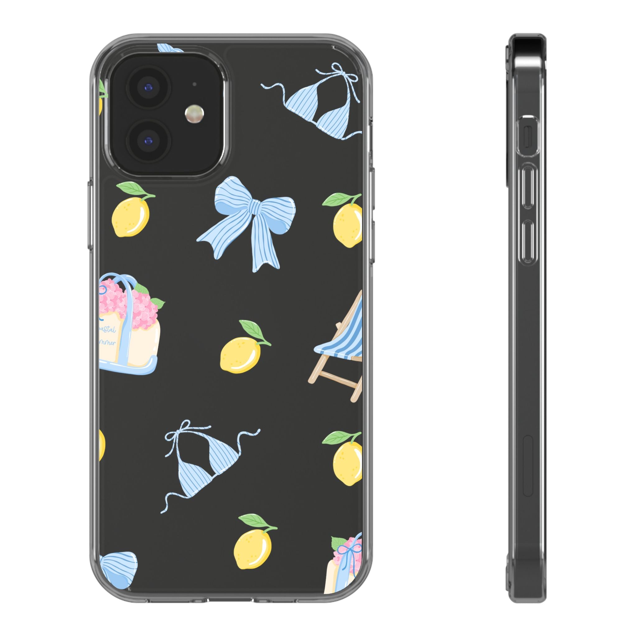 Clear Phone Case — Summer Lemon & Bow Pattern (bikini, beach chair, cake)