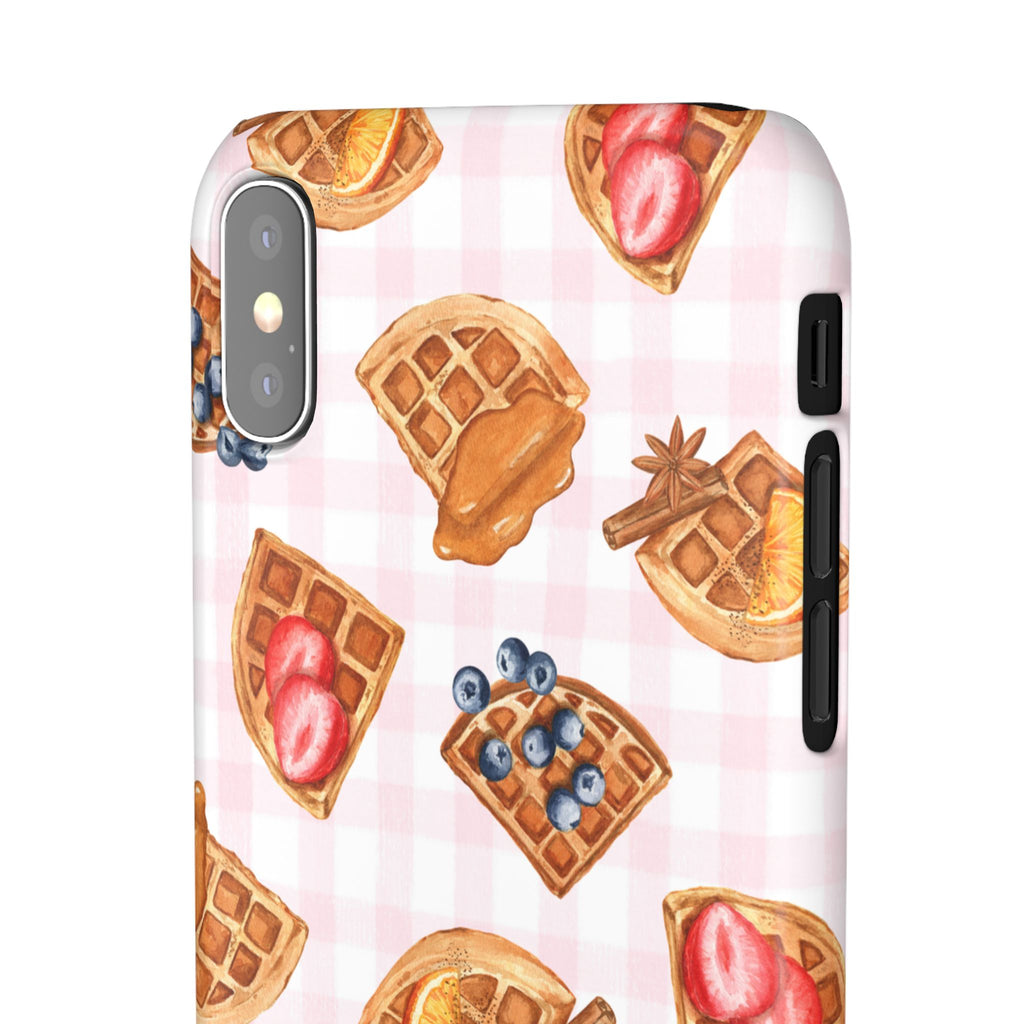 Waffle Picnic Phone Case — Cute Strawberry & Blueberry Waffles on Pink Gingham Snap Case