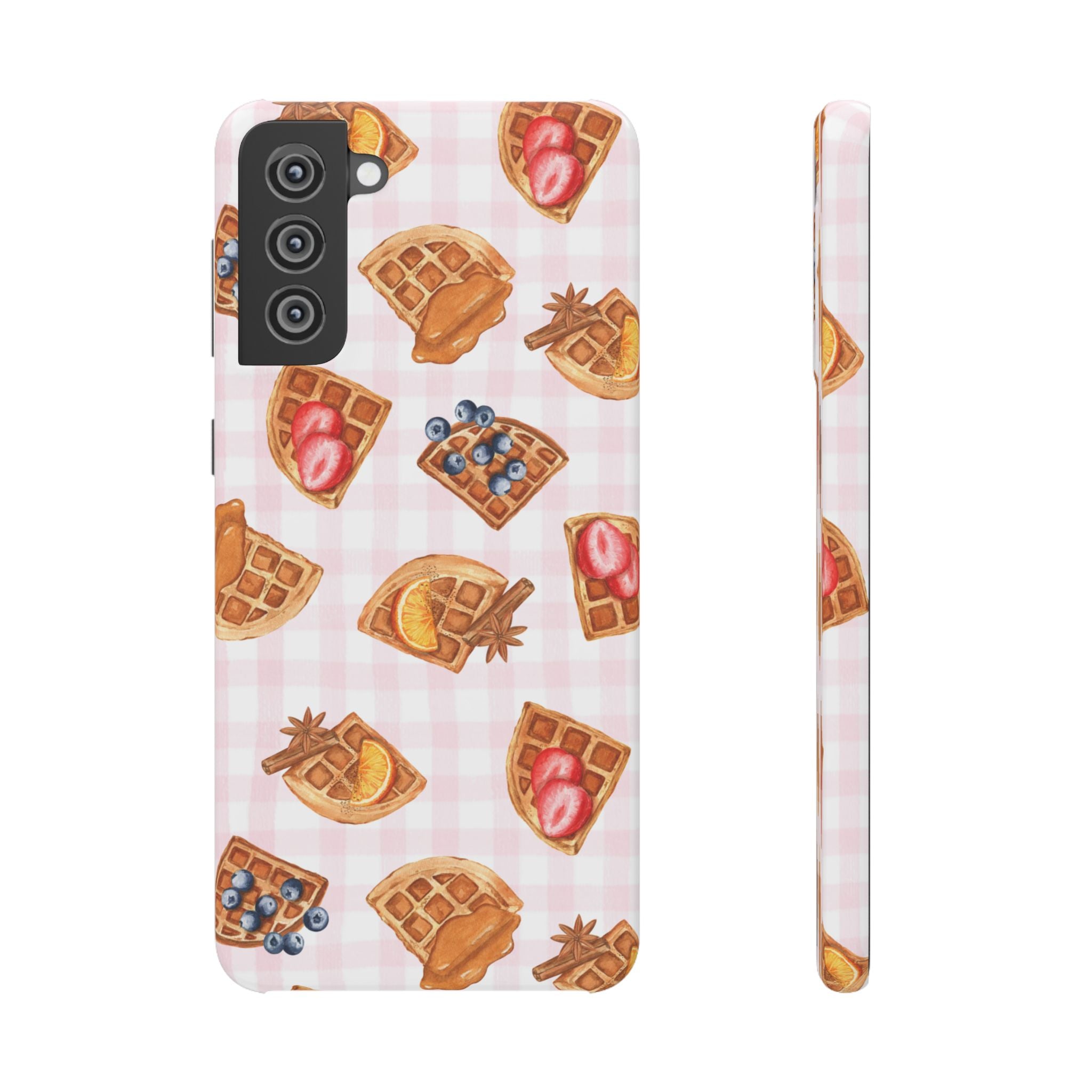 Waffle Picnic Phone Case — Cute Strawberry & Blueberry Waffles on Pink Gingham Snap Case