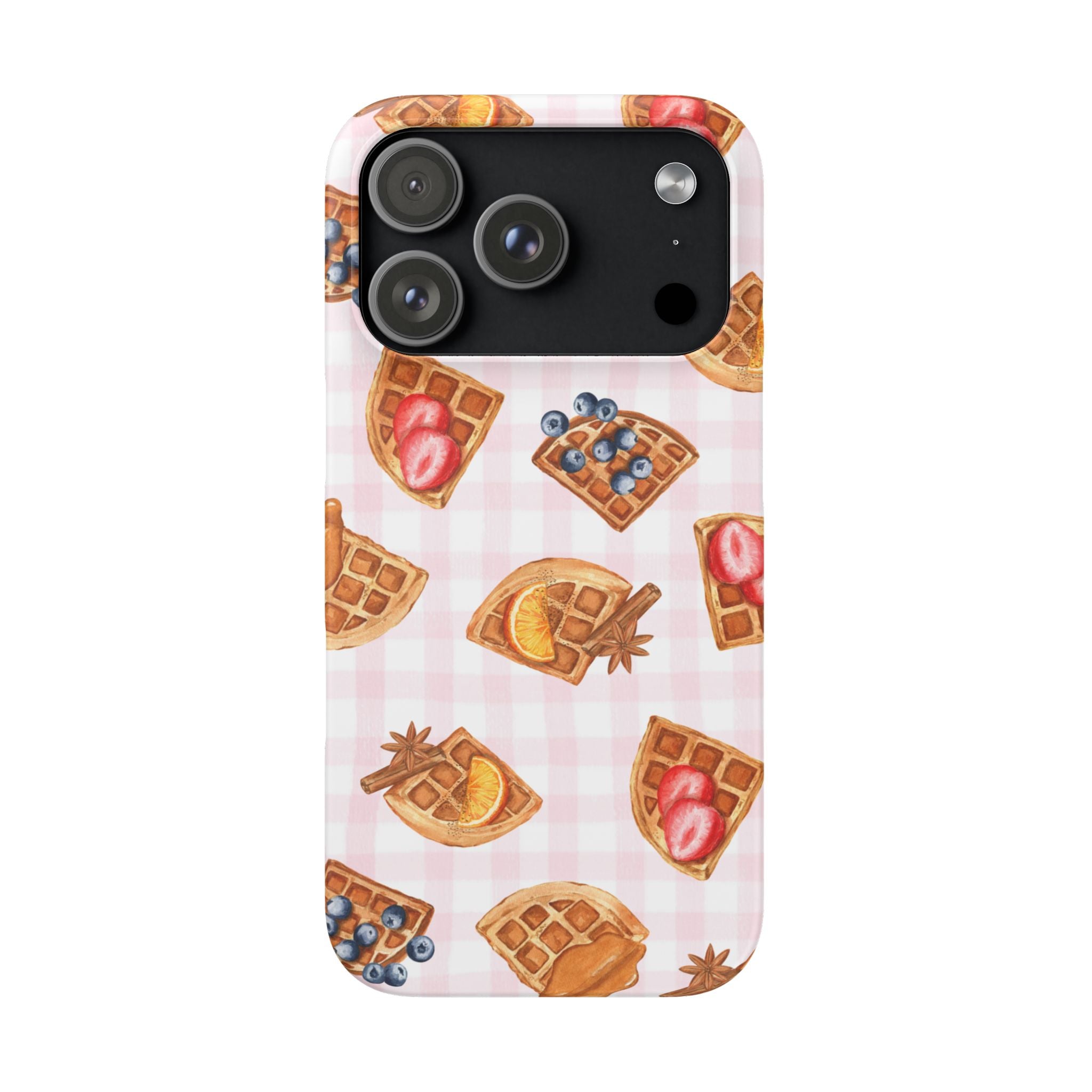Waffle Picnic Phone Case — Cute Strawberry & Blueberry Waffles on Pink Gingham Snap Case