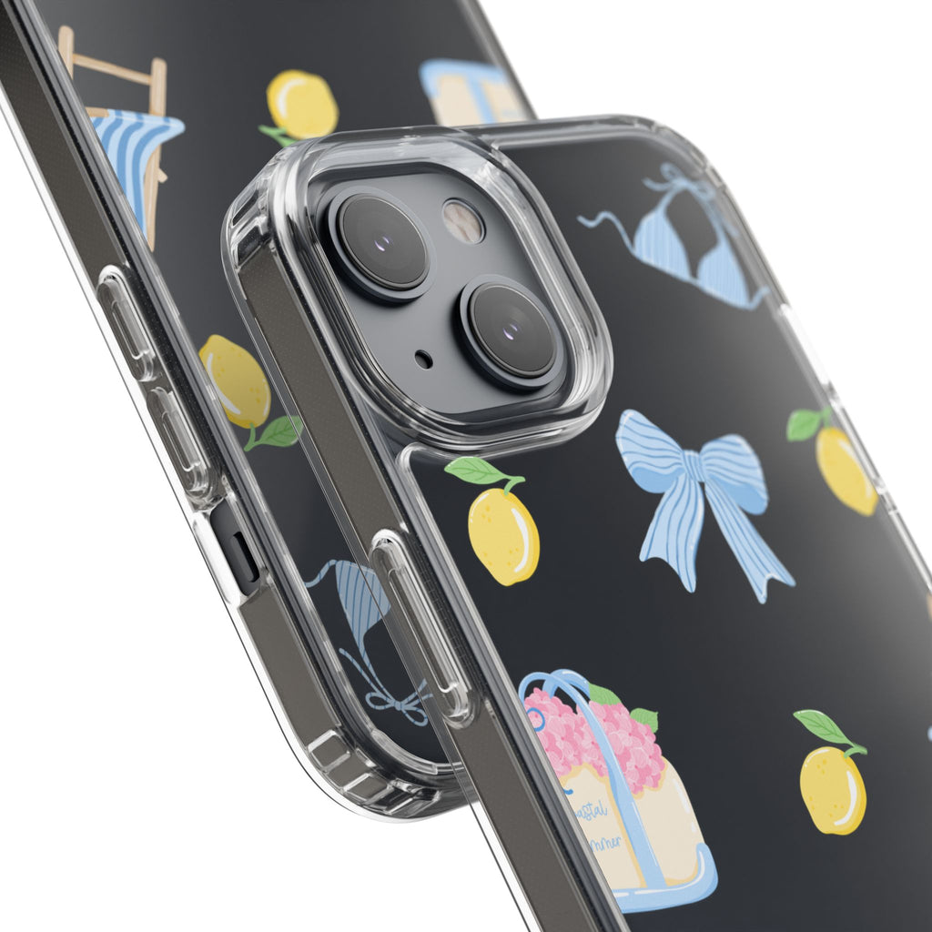 Clear Phone Case — Summer Lemon & Bow Pattern (bikini, beach chair, cake)