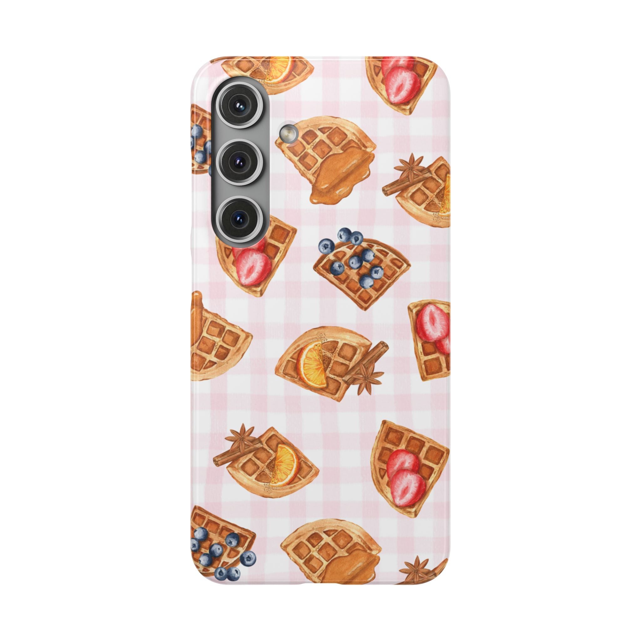 Waffle Picnic Phone Case — Cute Strawberry & Blueberry Waffles on Pink Gingham Snap Case