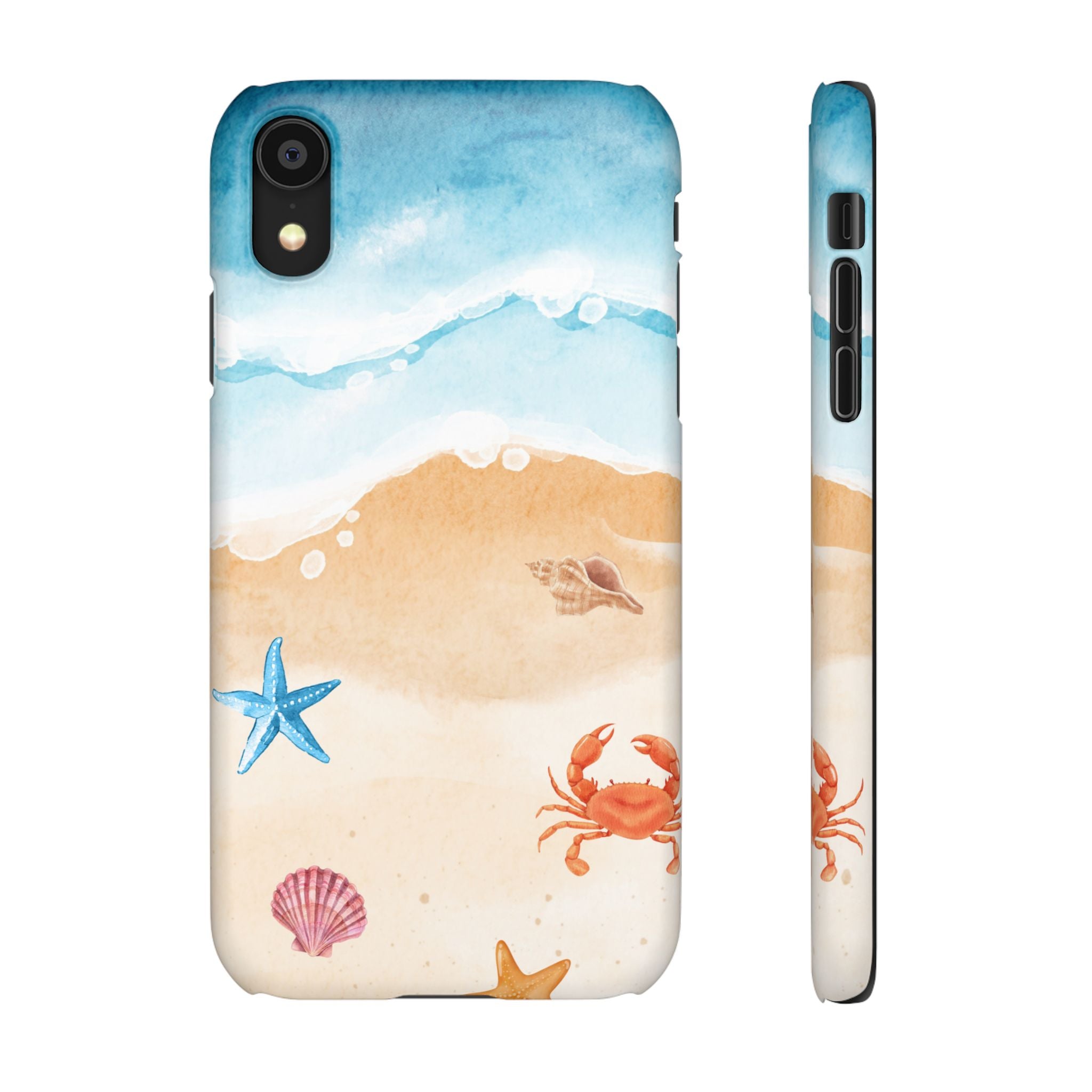 Beach Scene Phone Case — Watercolor Sand, Seashells & Crabs