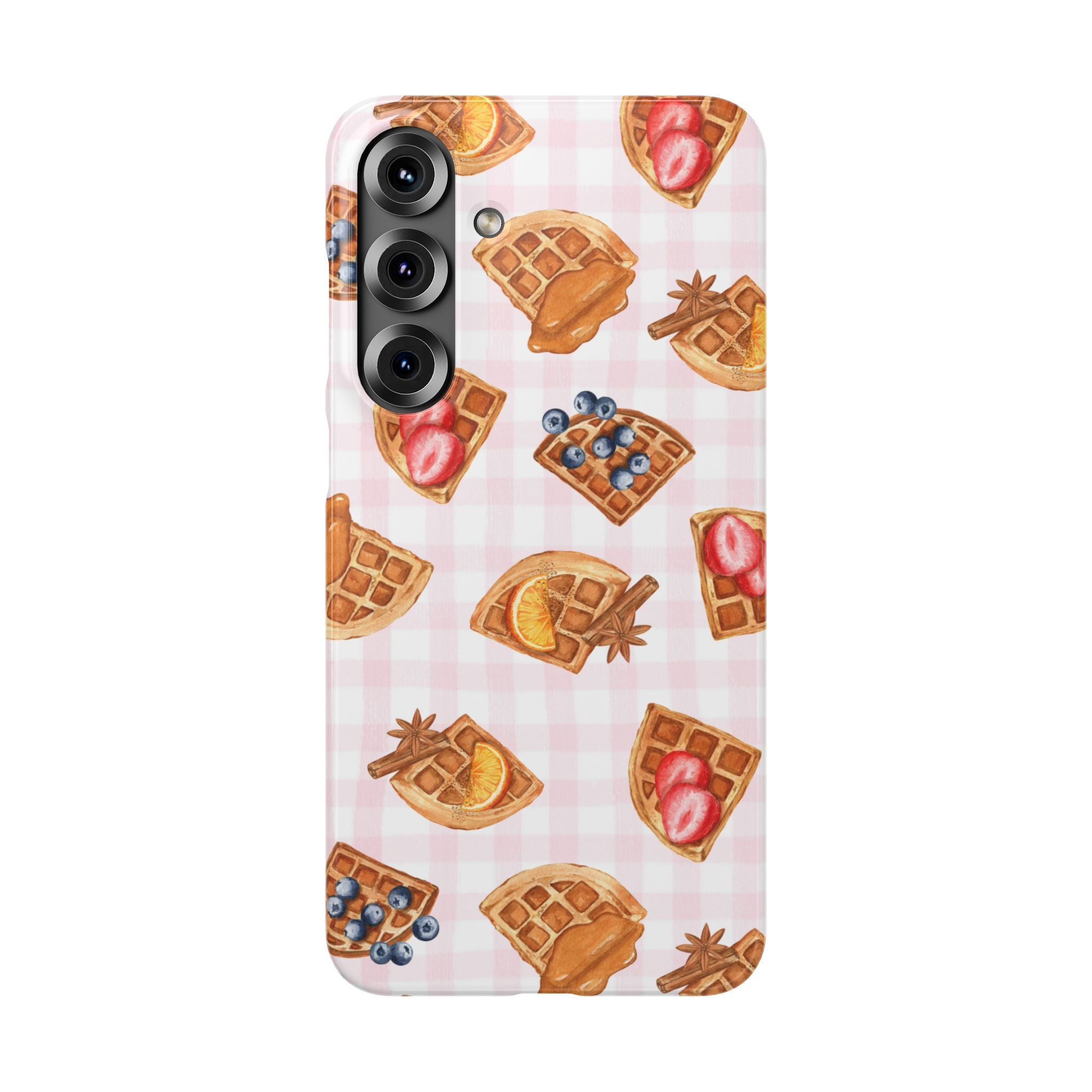 Waffle Picnic Phone Case — Cute Strawberry & Blueberry Waffles on Pink Gingham Snap Case