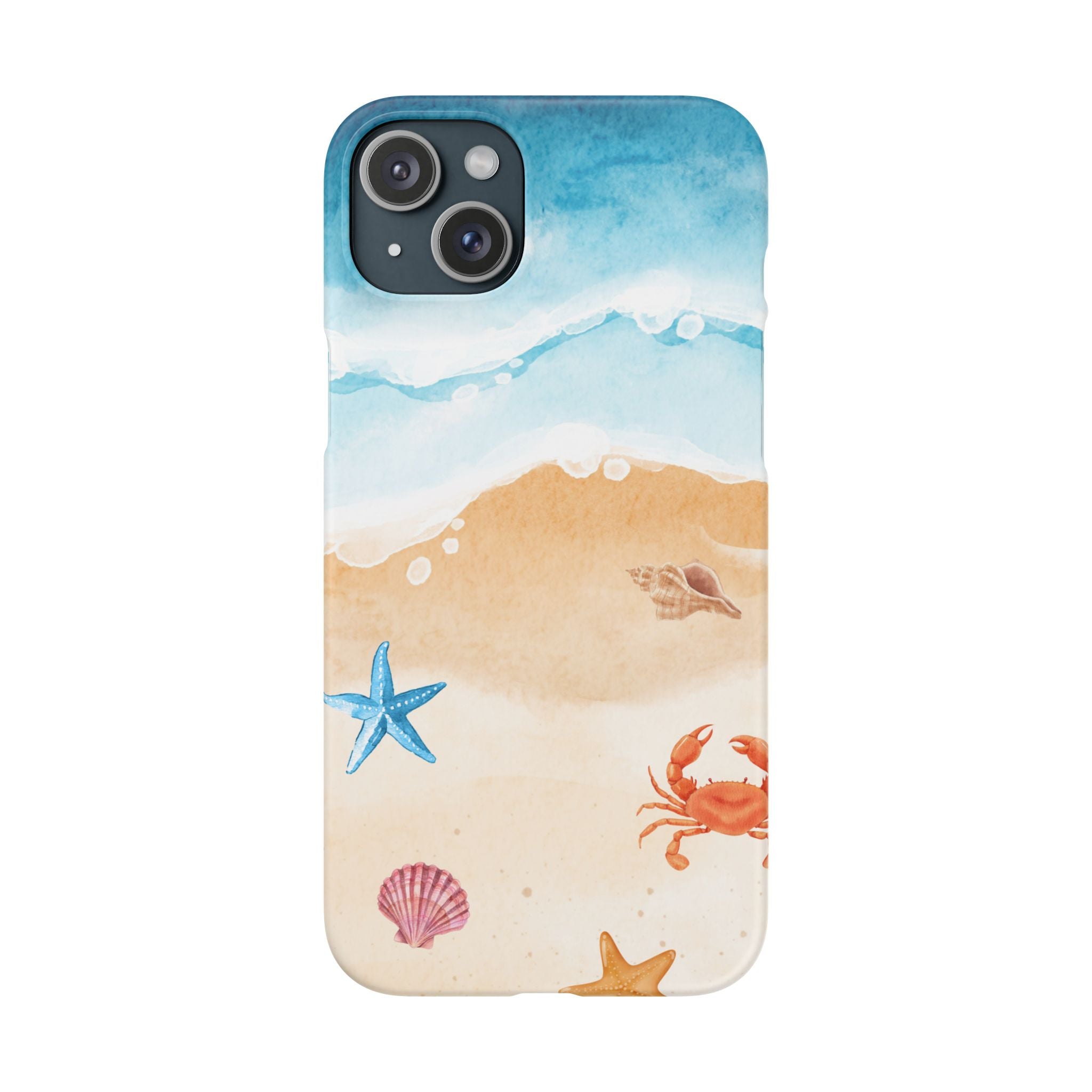 Beach Scene Phone Case — Watercolor Sand, Seashells & Crabs