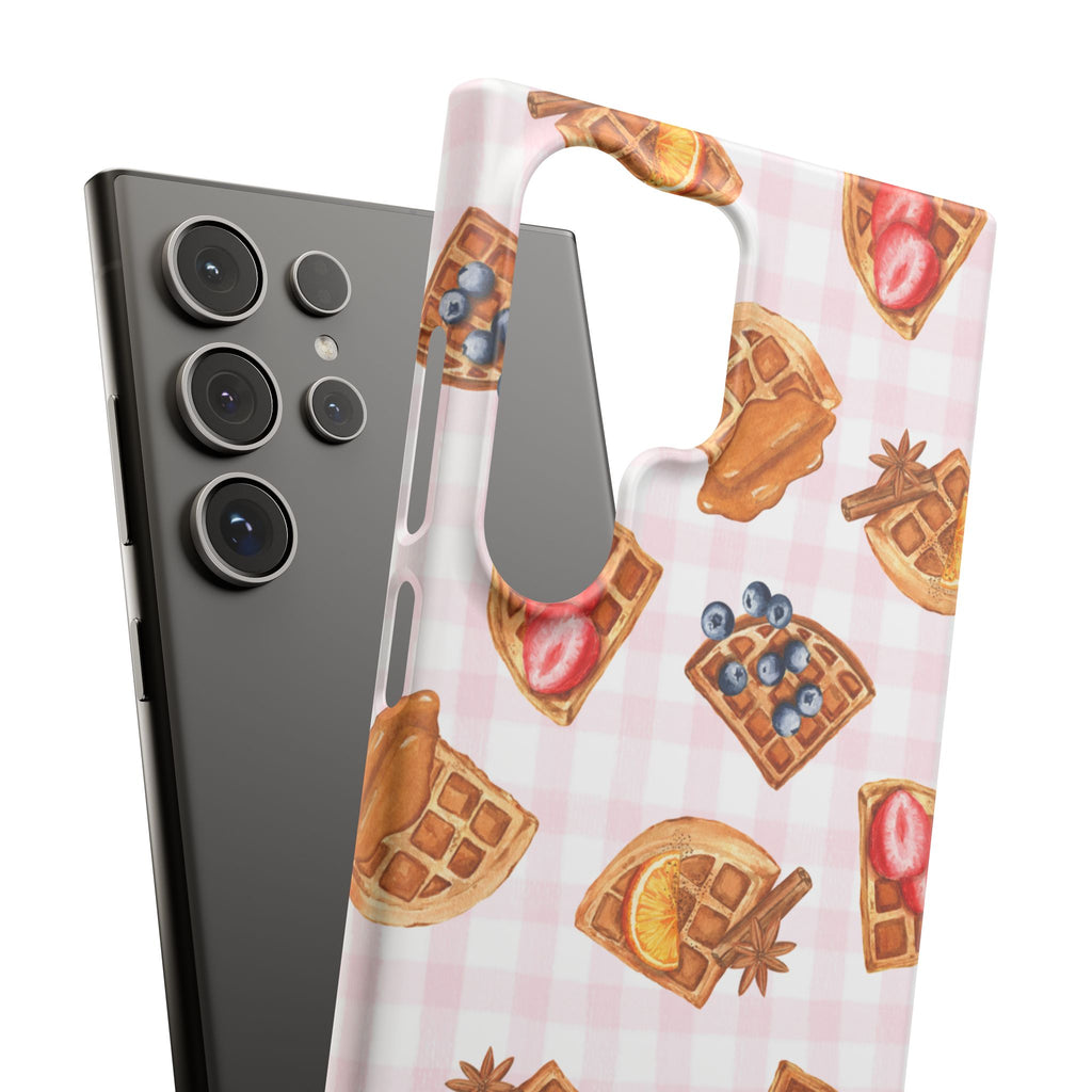 Waffle Picnic Phone Case — Cute Strawberry & Blueberry Waffles on Pink Gingham Snap Case