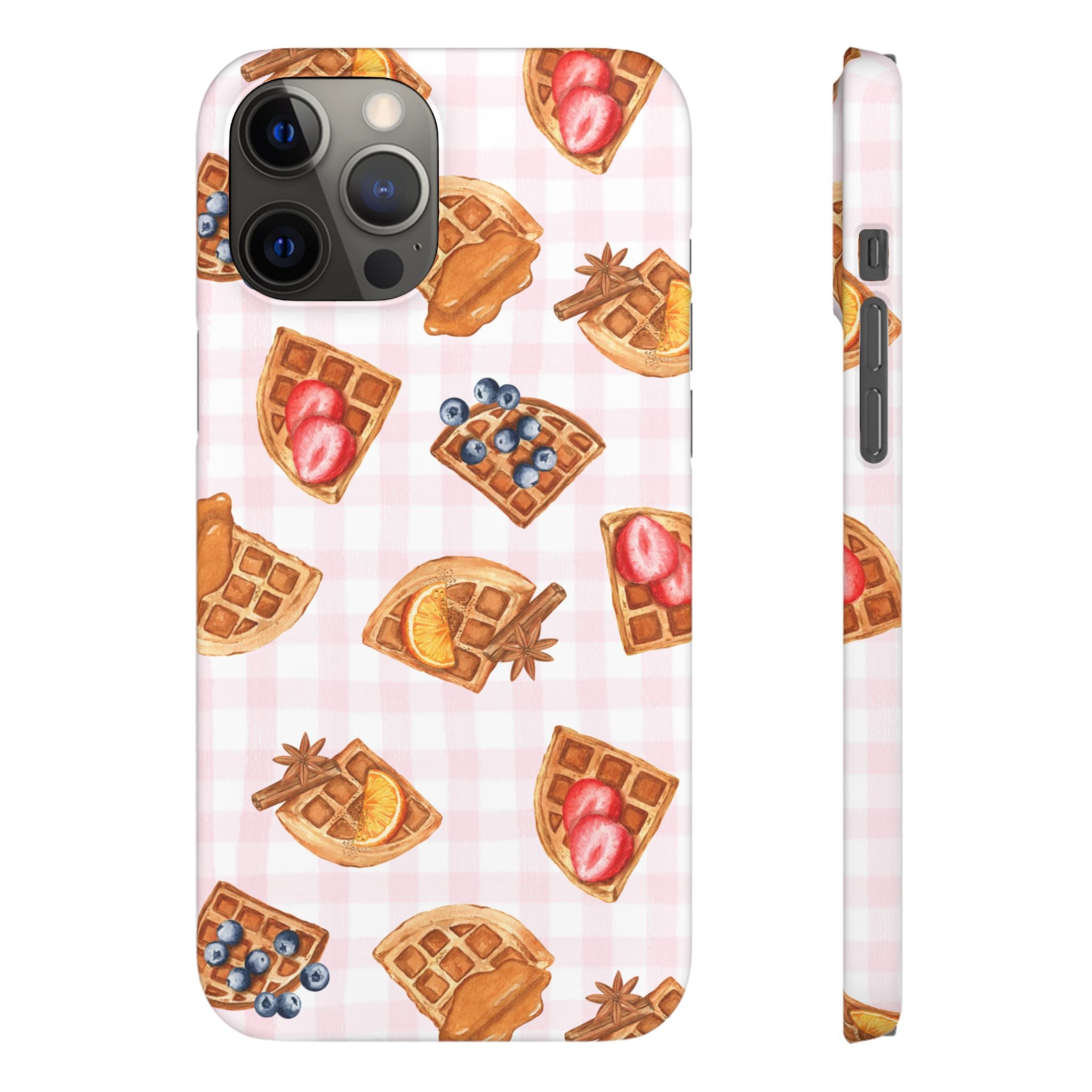 Waffle Picnic Phone Case — Cute Strawberry & Blueberry Waffles on Pink Gingham Snap Case