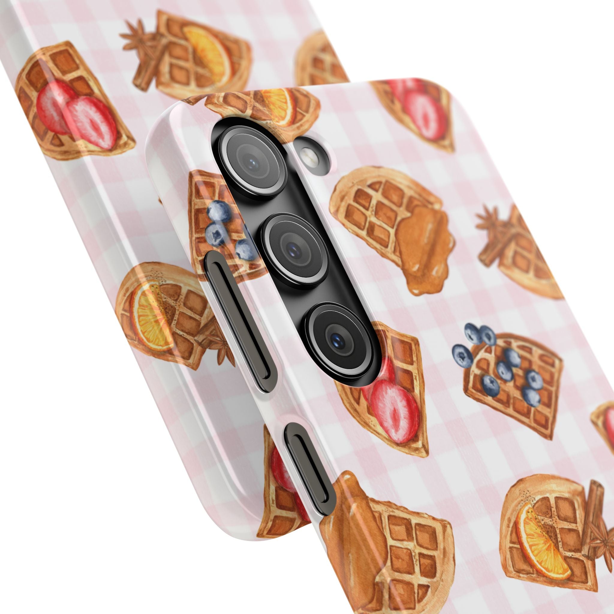 Waffle Picnic Phone Case — Cute Strawberry & Blueberry Waffles on Pink Gingham Snap Case