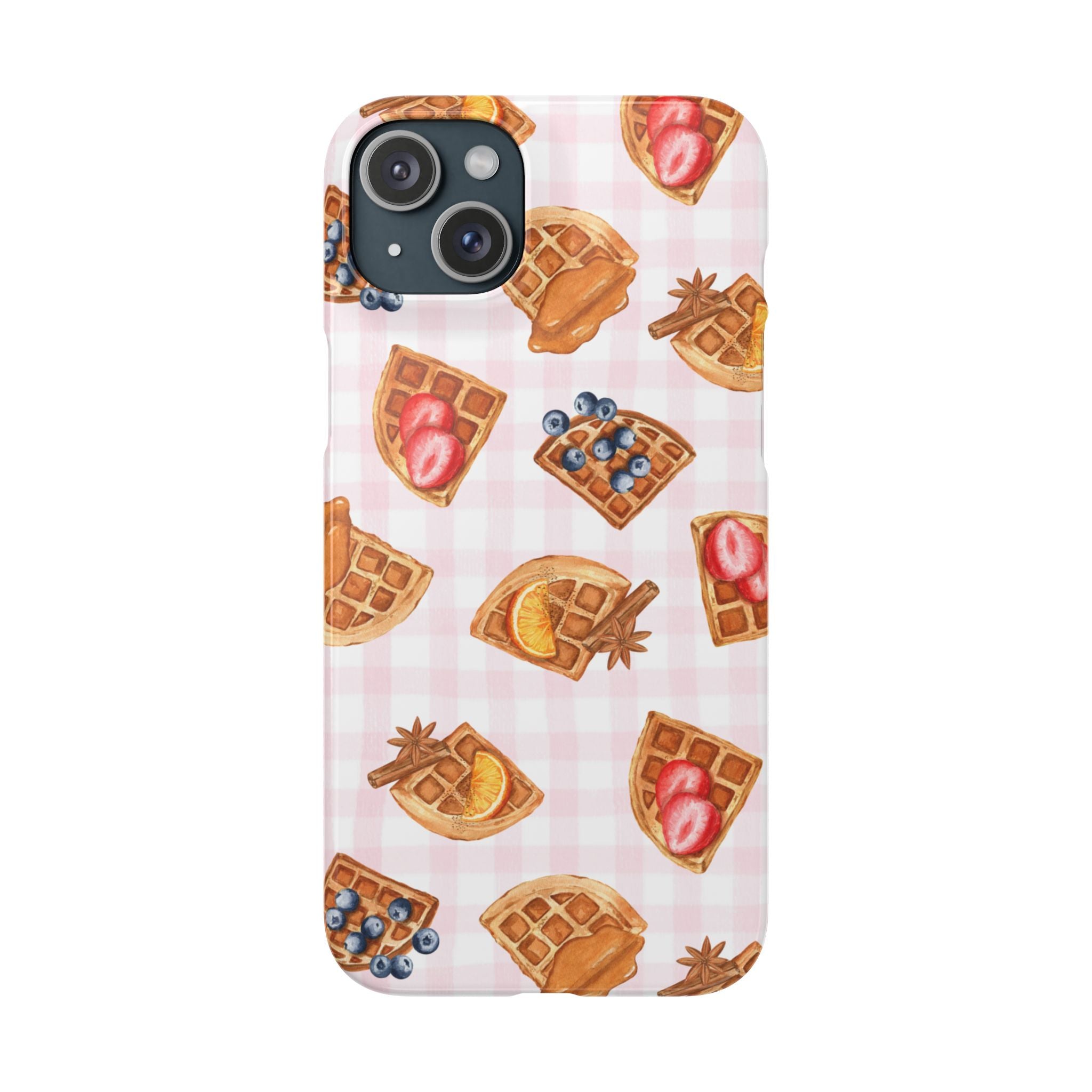 Waffle Picnic Phone Case — Cute Strawberry & Blueberry Waffles on Pink Gingham Snap Case
