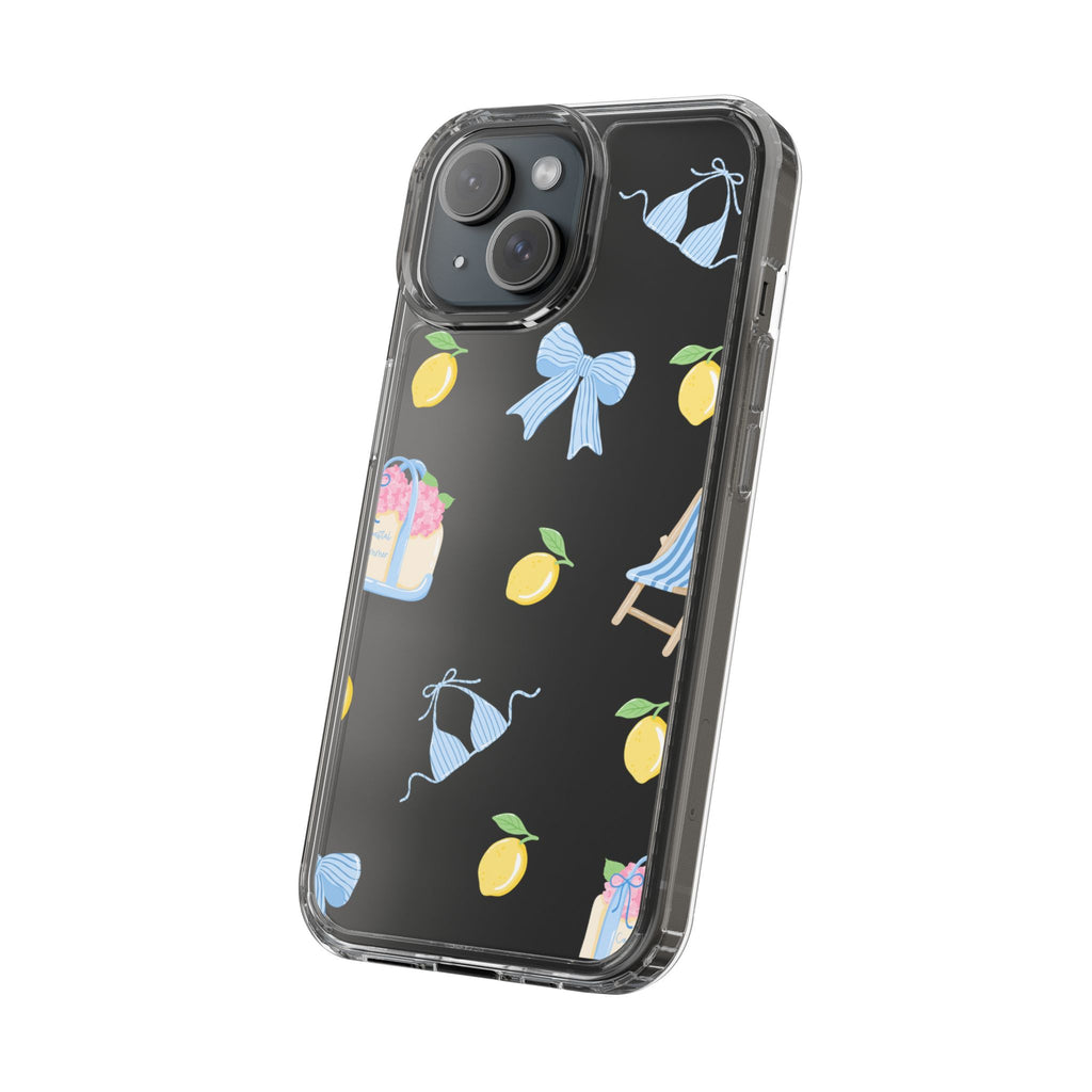 Clear Phone Case — Summer Lemon & Bow Pattern (bikini, beach chair, cake)