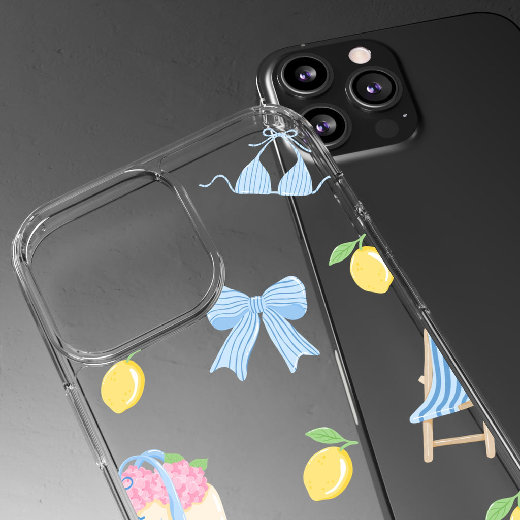 Clear Phone Case — Summer Lemon & Bow Pattern (bikini, beach chair, cake)