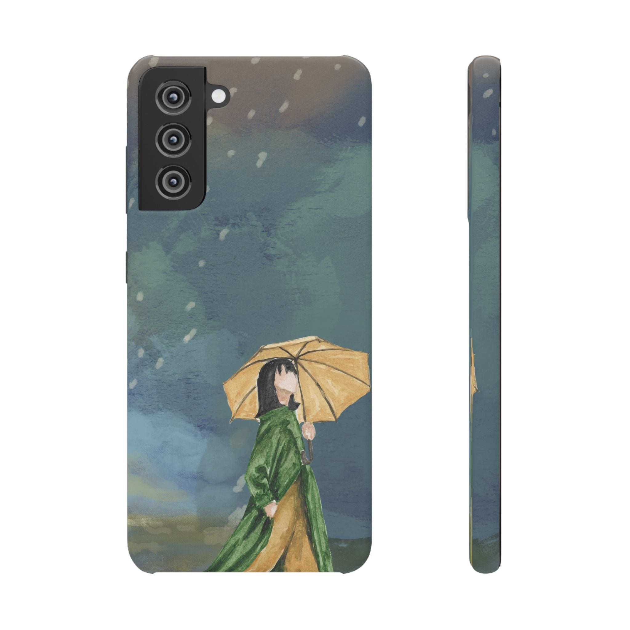 Artistic Rainfall Phone Case – Woman with Umbrella Design