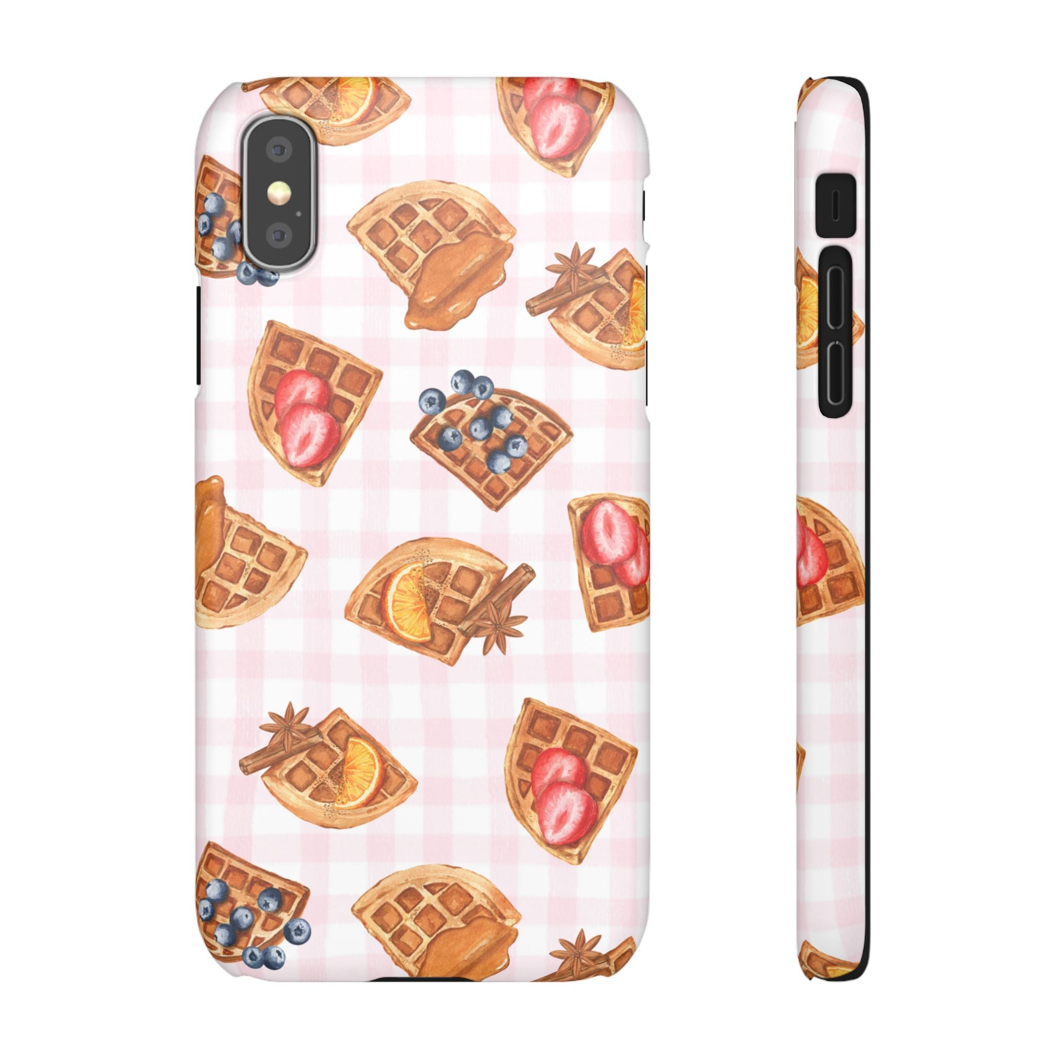 Waffle Picnic Phone Case — Cute Strawberry & Blueberry Waffles on Pink Gingham Snap Case