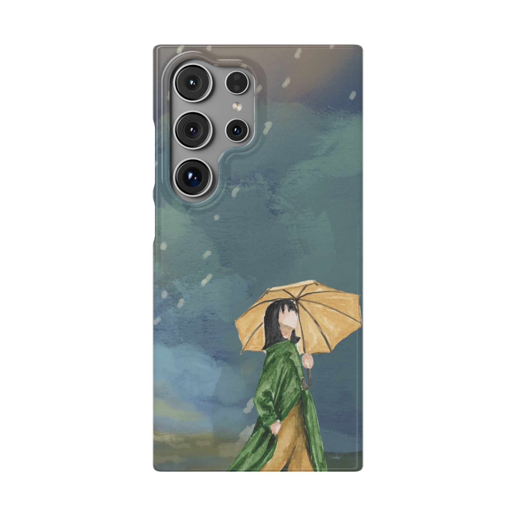 Artistic Rainfall Phone Case – Woman with Umbrella Design