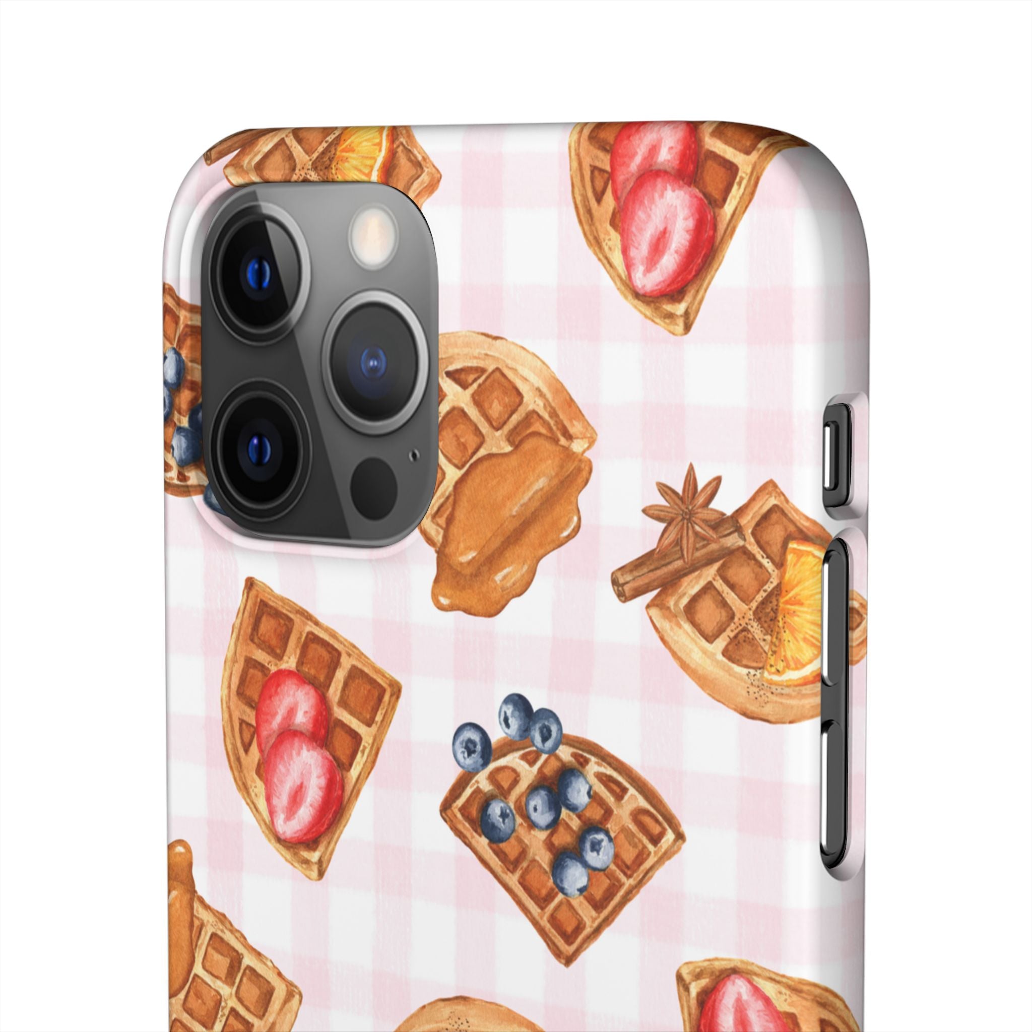 Waffle Picnic Phone Case — Cute Strawberry & Blueberry Waffles on Pink Gingham Snap Case