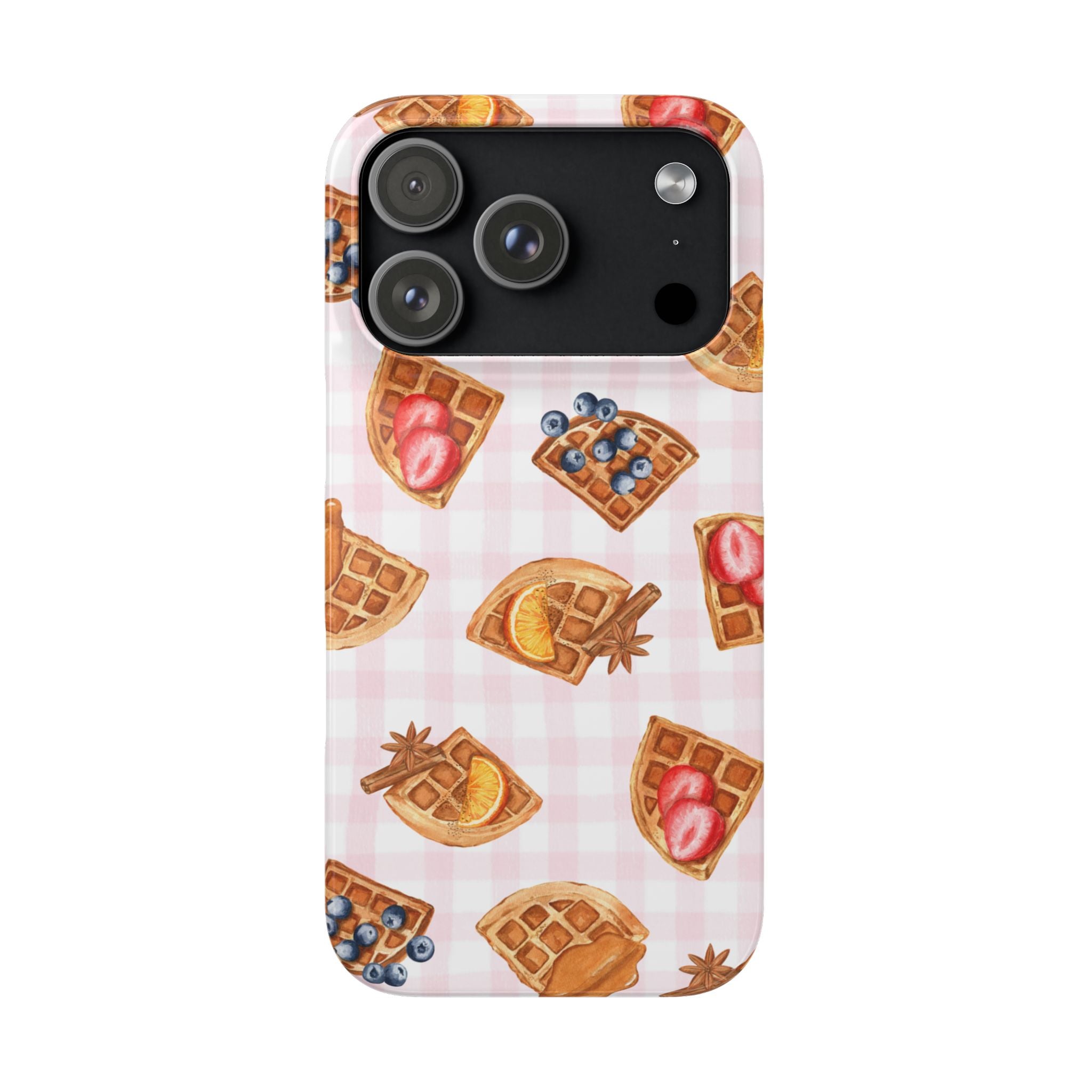 Waffle Picnic Phone Case — Cute Strawberry & Blueberry Waffles on Pink Gingham Snap Case